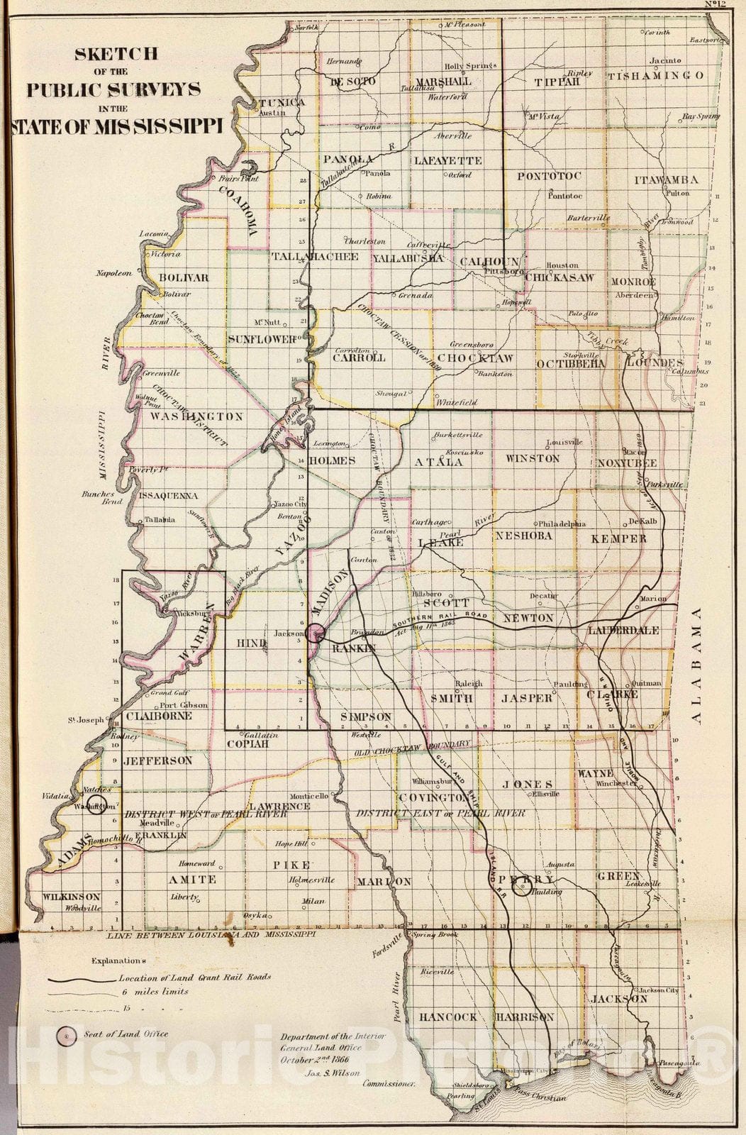 Historic Map : National Atlas - 1866 Mississippi. - Vintage Wall Art