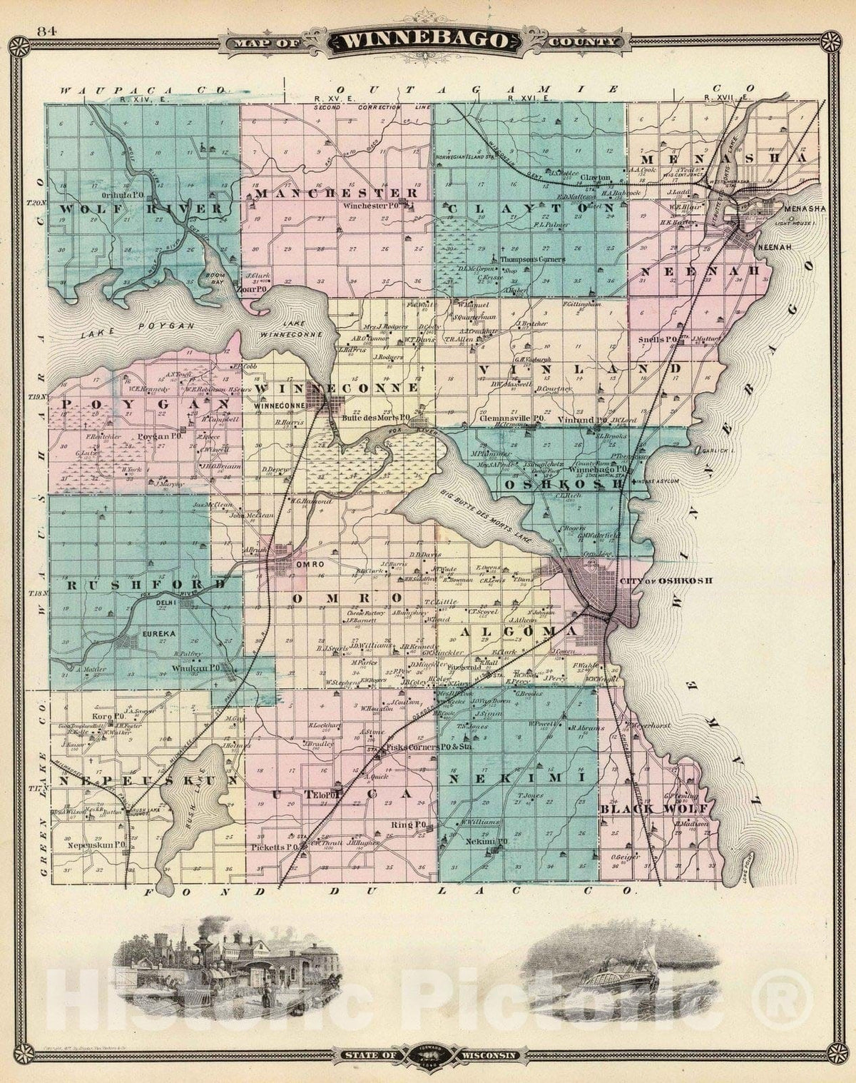 Winnebago County, Wisconsin - Geologic Map, 1878 - Historical Atlas Print