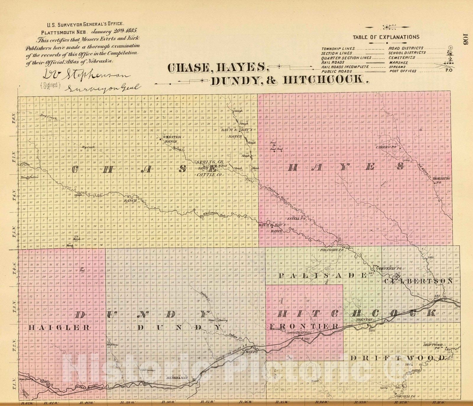 Chase, Hayes, Dundy & Hitchcock Counties, Nebraska - 1885 Railroad Map Print