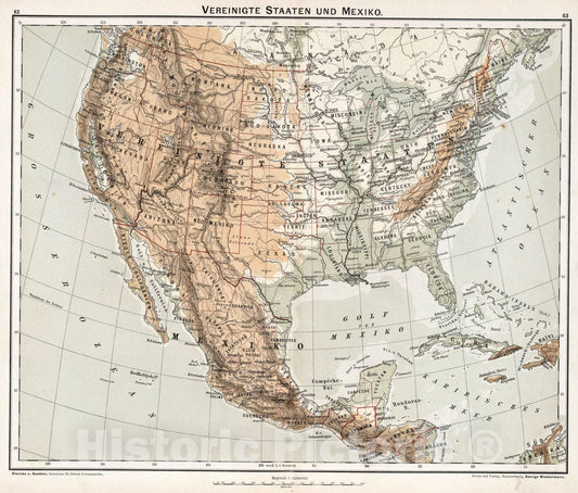 Historic Map : United States, 1896 Vereinigte Staaten und Mexiko , Vintage Wall Art