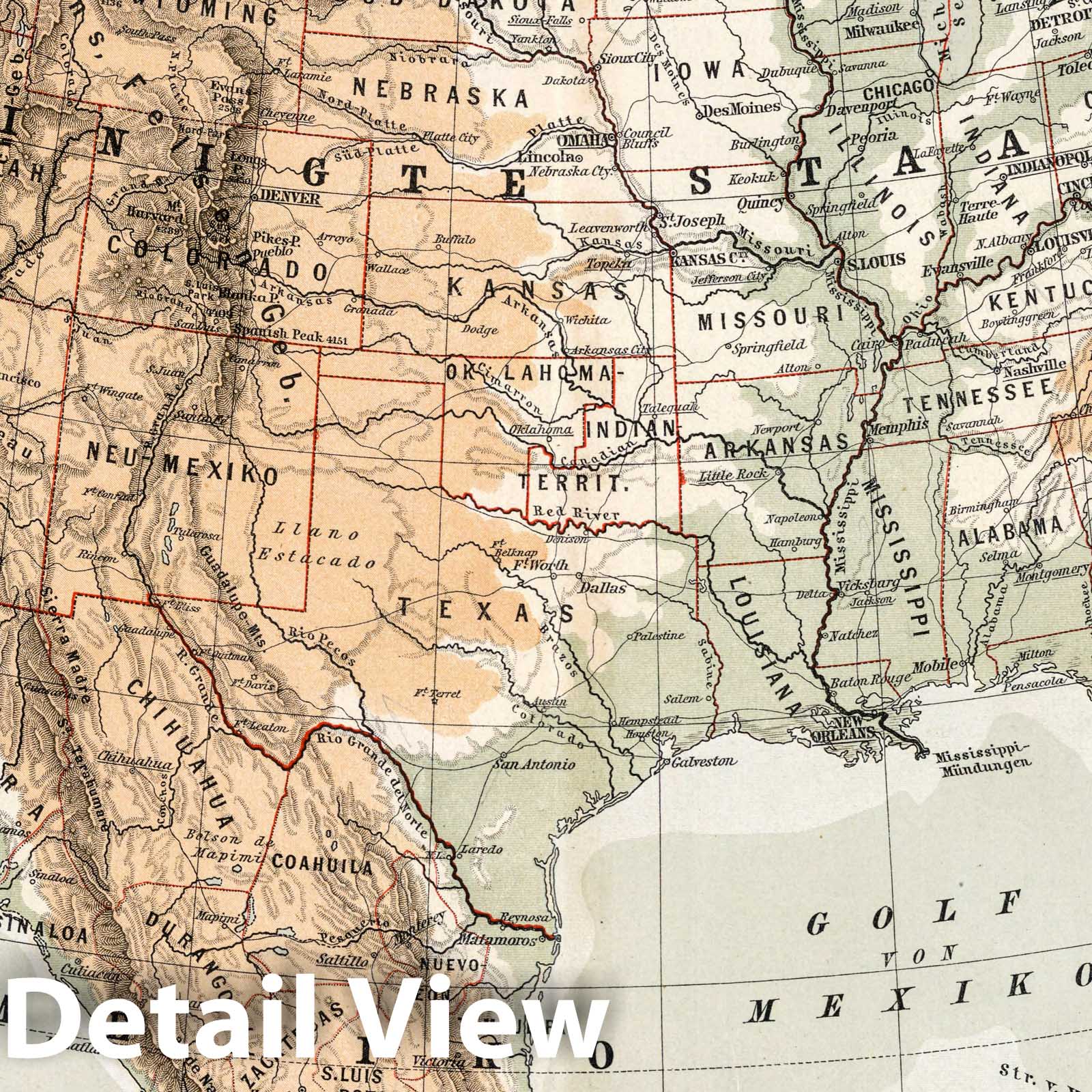 United States and Mexico, 1896 - Historical Map Print