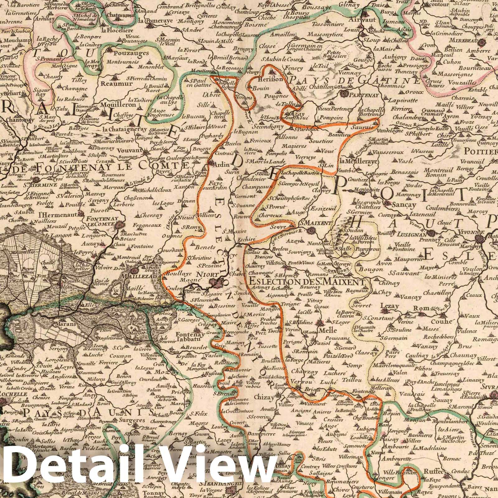 Poitou and Pays d'Aunis, France 1707 Historical Map Print
