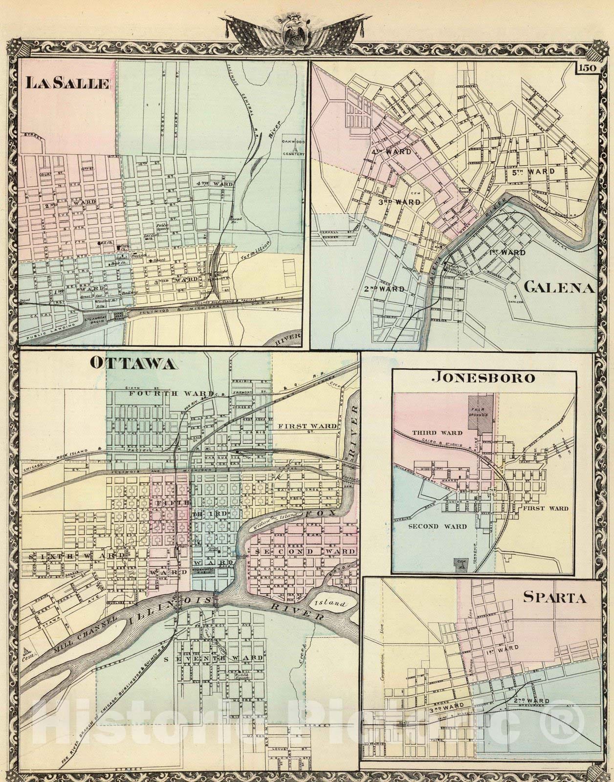 Historic Map : 1876 Ottawa, LaSalle, Galena, Jonesboro and Sparta. - Vintage Wall Art