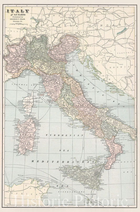 Italy and San Marino - Railroad Map, 1901 - Historical Map Print