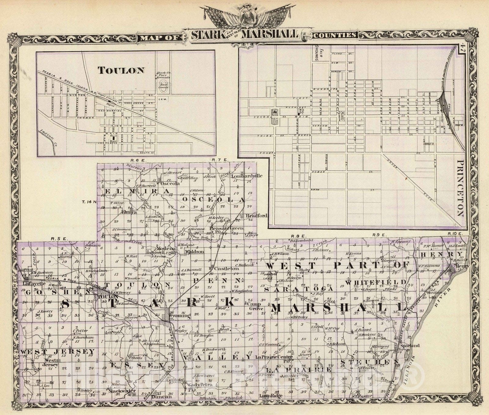 Historic Map : 1876 Map of Stark and west part of Marshall counties, Toulon and Princeton. - Vintage Wall Art