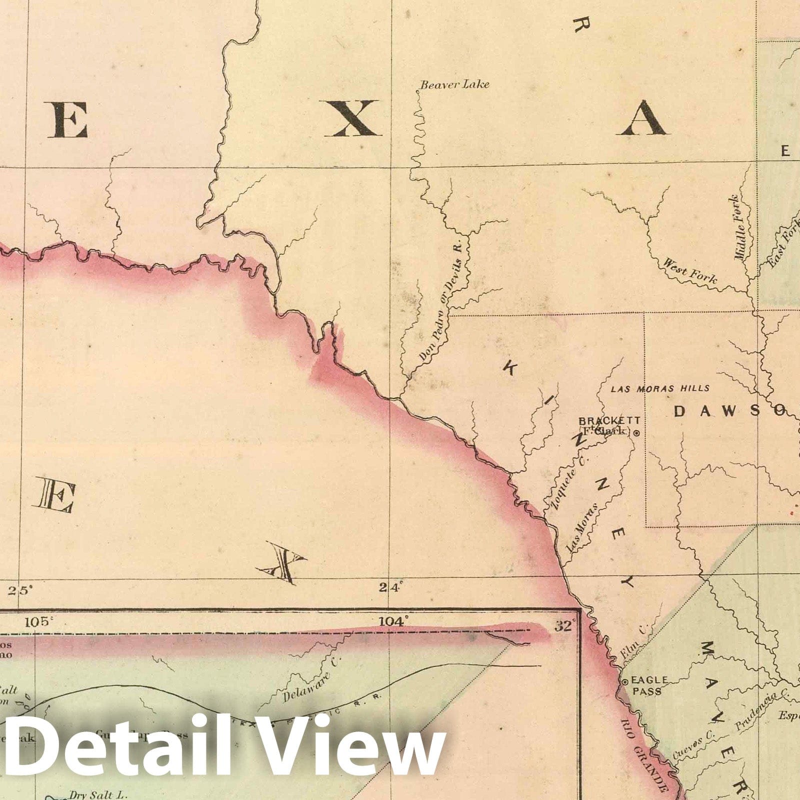 Texas, Western Portion - Railroad Map, 1875 - Historical Atlas Print
