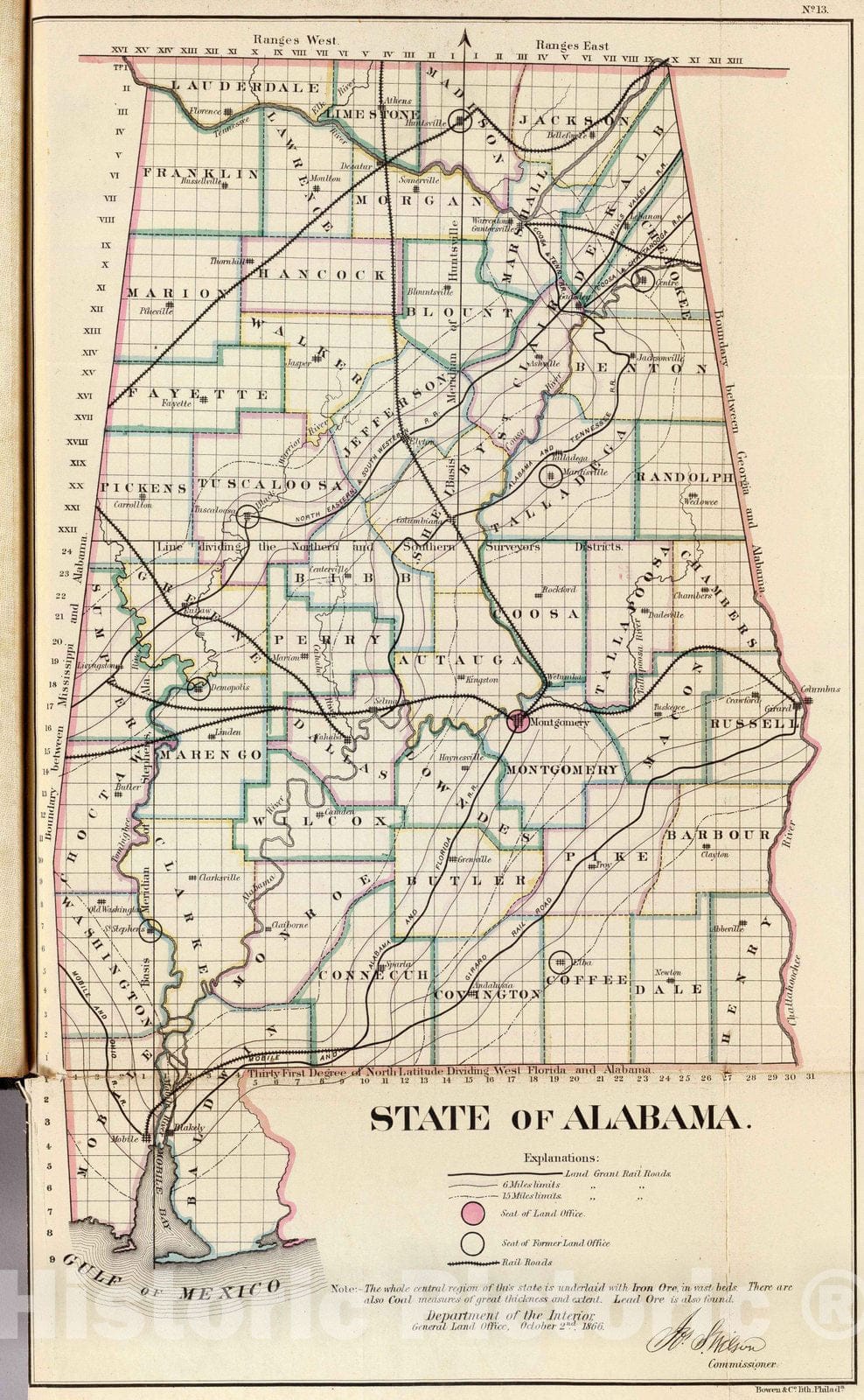 Historic Map : National Atlas - 1866 Alabama. - Vintage Wall Art