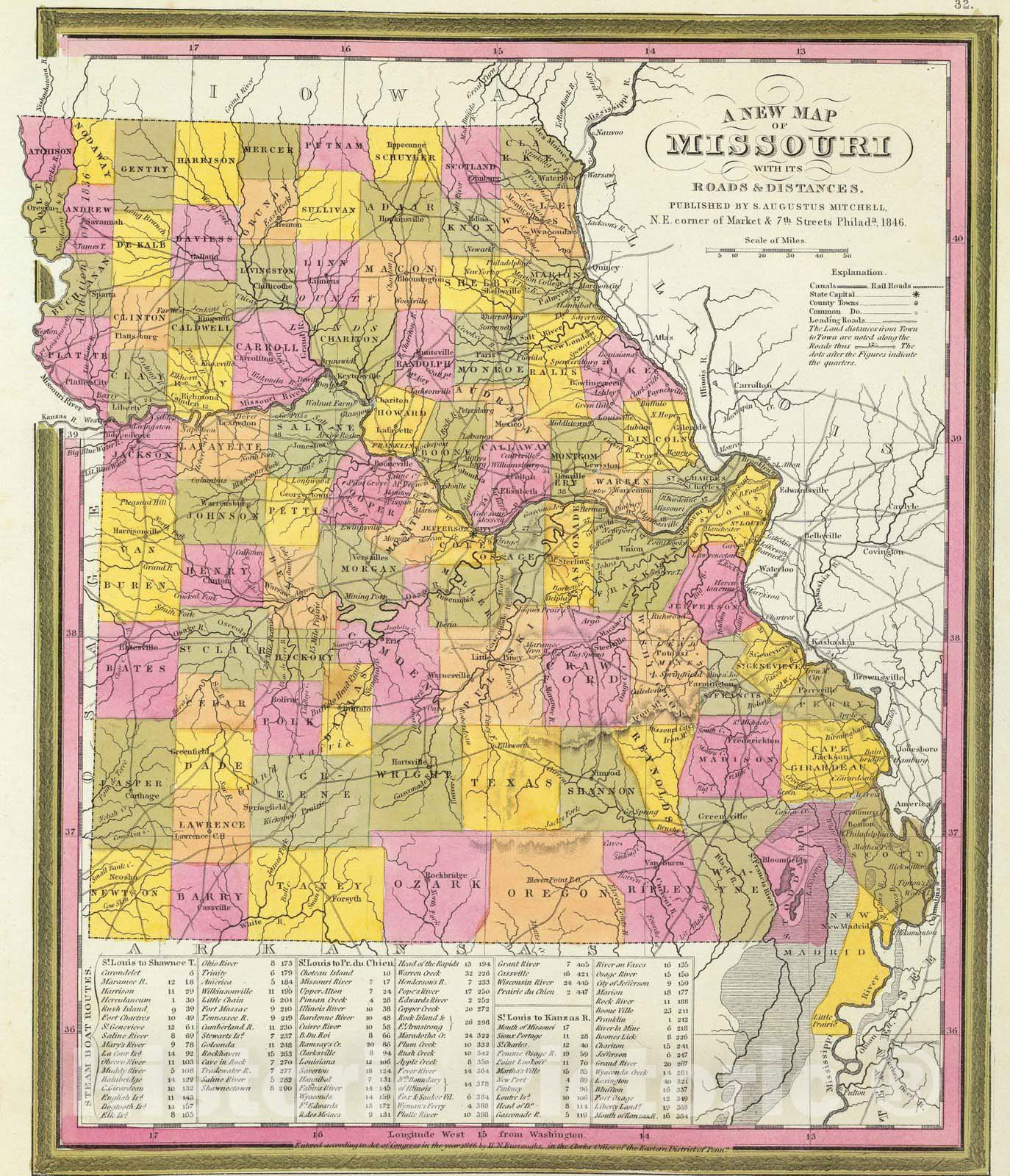 Historic Map : 1846 New Map Of Missouri. - Vintage Wall Art