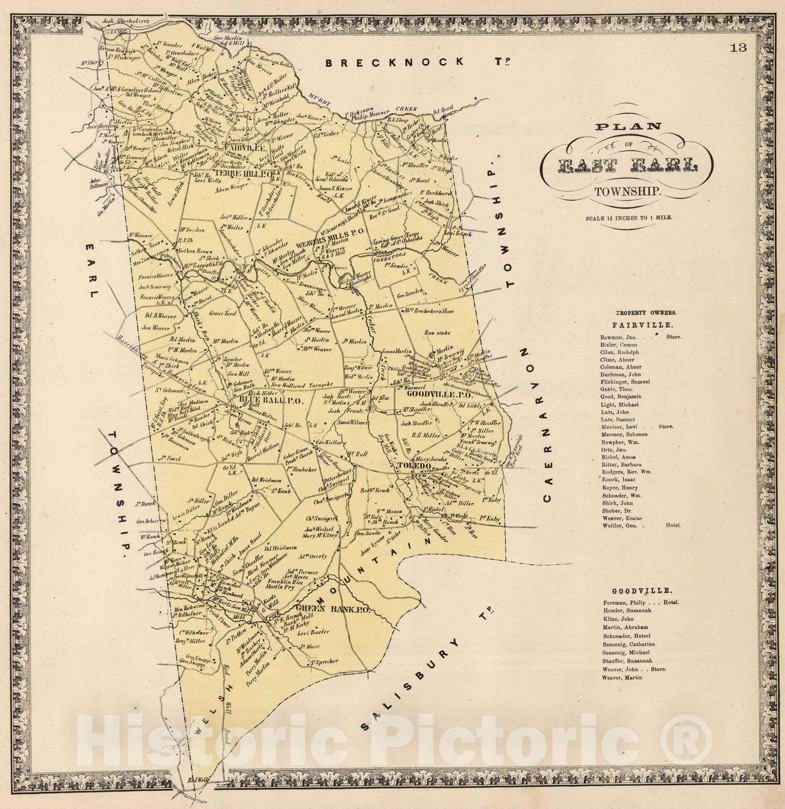 Historic Map : 1864 East Earl Township, Lancaster, Pennsylvania. - Vintage Wall Art