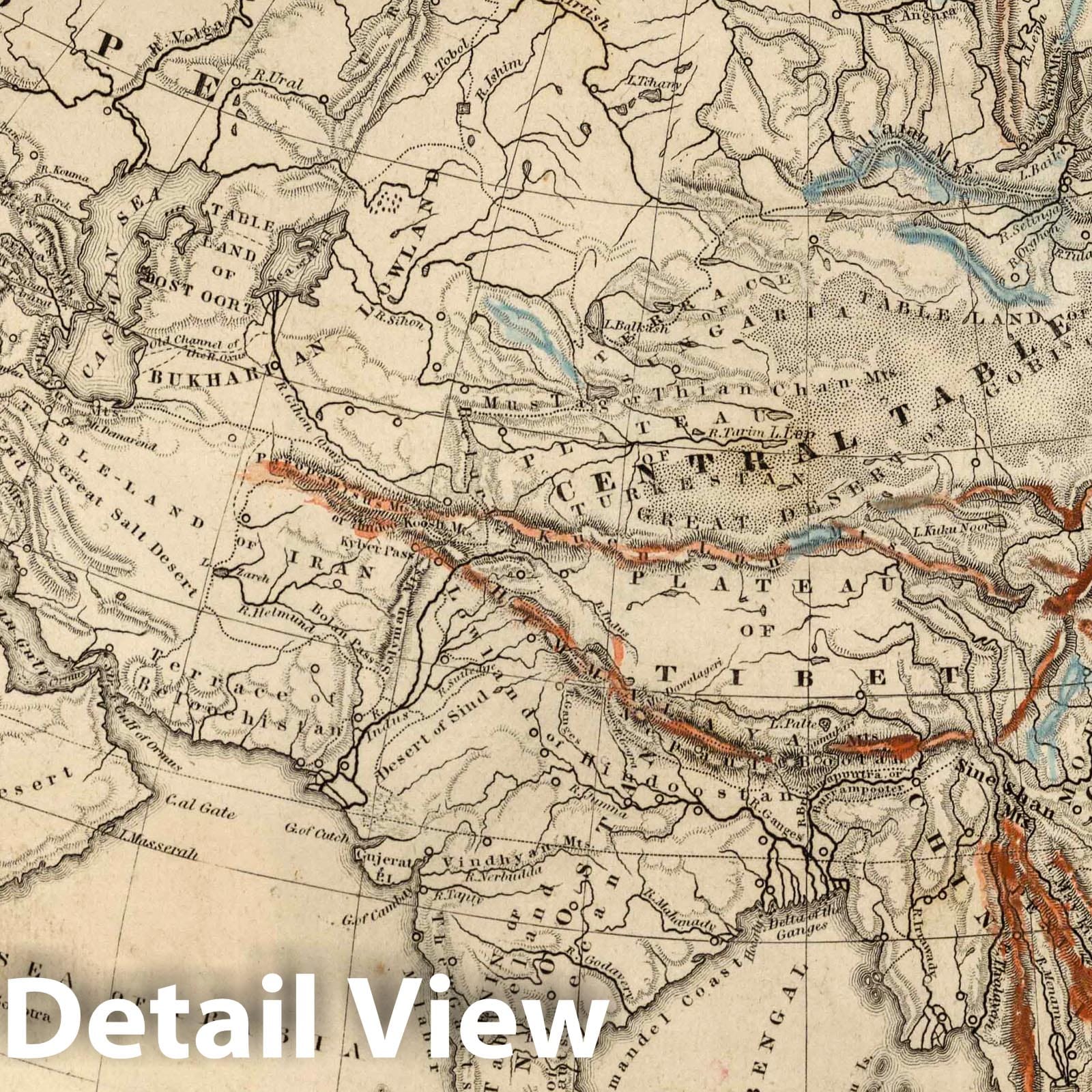 Asia - Physical Map, 1849 - Historical Map Reproduction