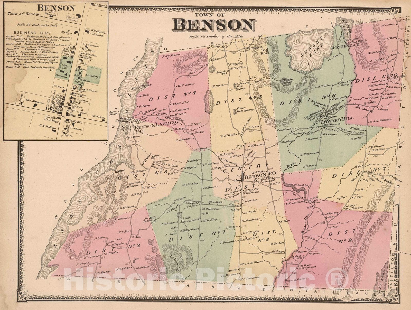 Benson, Rutland County, Vermont - Property Map, 1869 - Historical Map Print