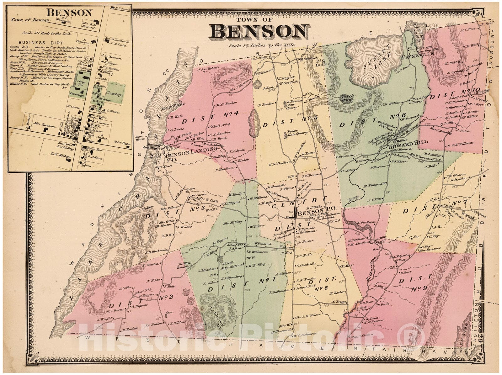 Historic Map - 1869 Benson, Rutland County, Vermont. Benson. - Vintage Wall Art