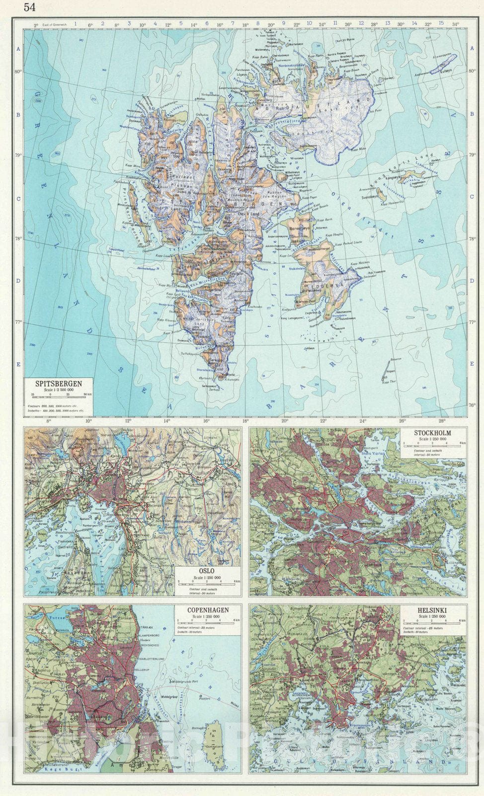 Historic Map : 1967 54. Spitsbergen, Oslo, Stockholm, Copenhagen, Helsinki. The World Atlas. - Vintage Wall Art