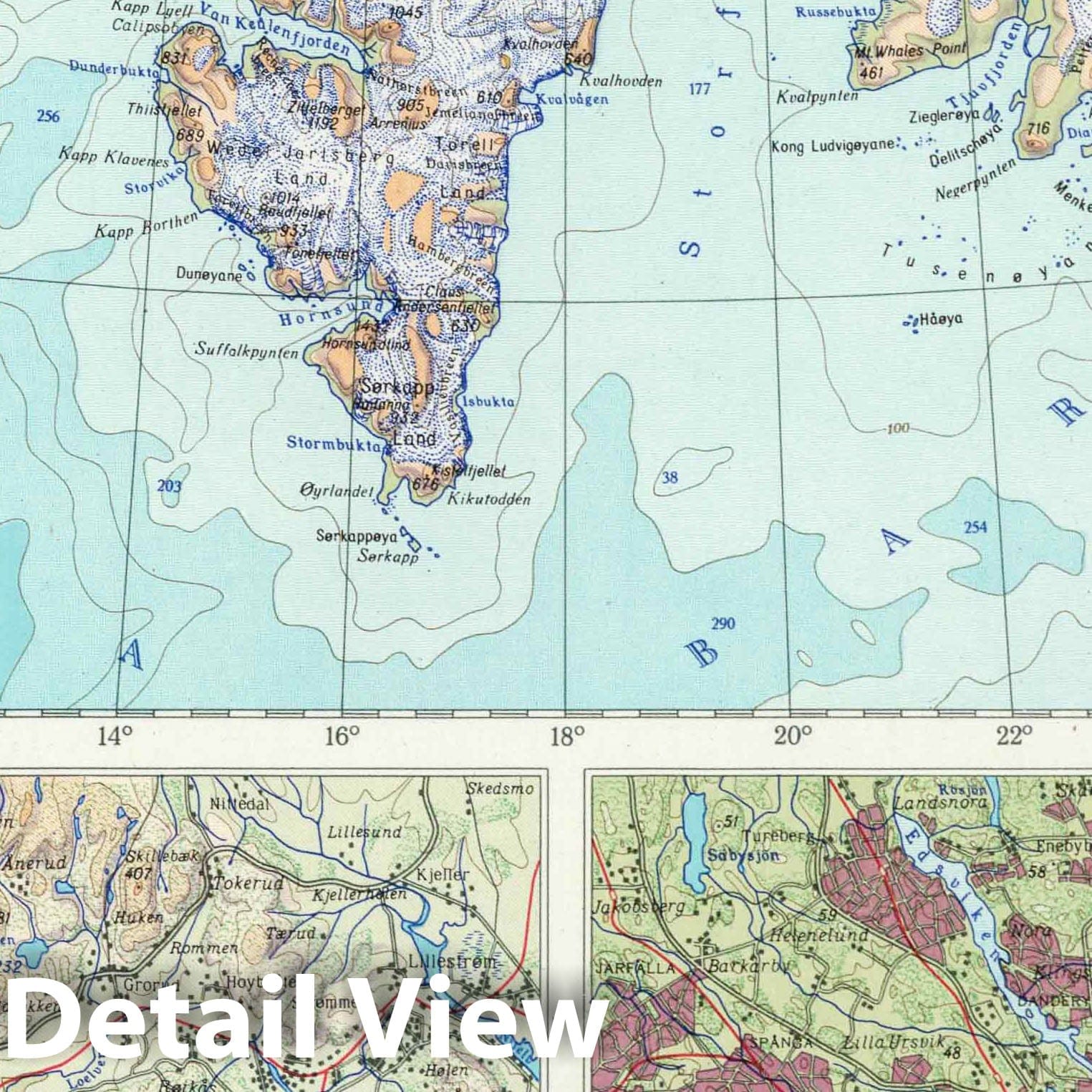 Spitsbergen, Oslo, Stockholm, Copenhagen, Helsinki - Physical Map, 1967