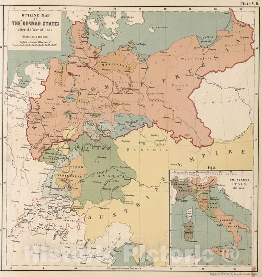 Historic Map : School Atlas - Plate V B. Outline Map of the German States after the War of 1866. - Vintage Wall Art
