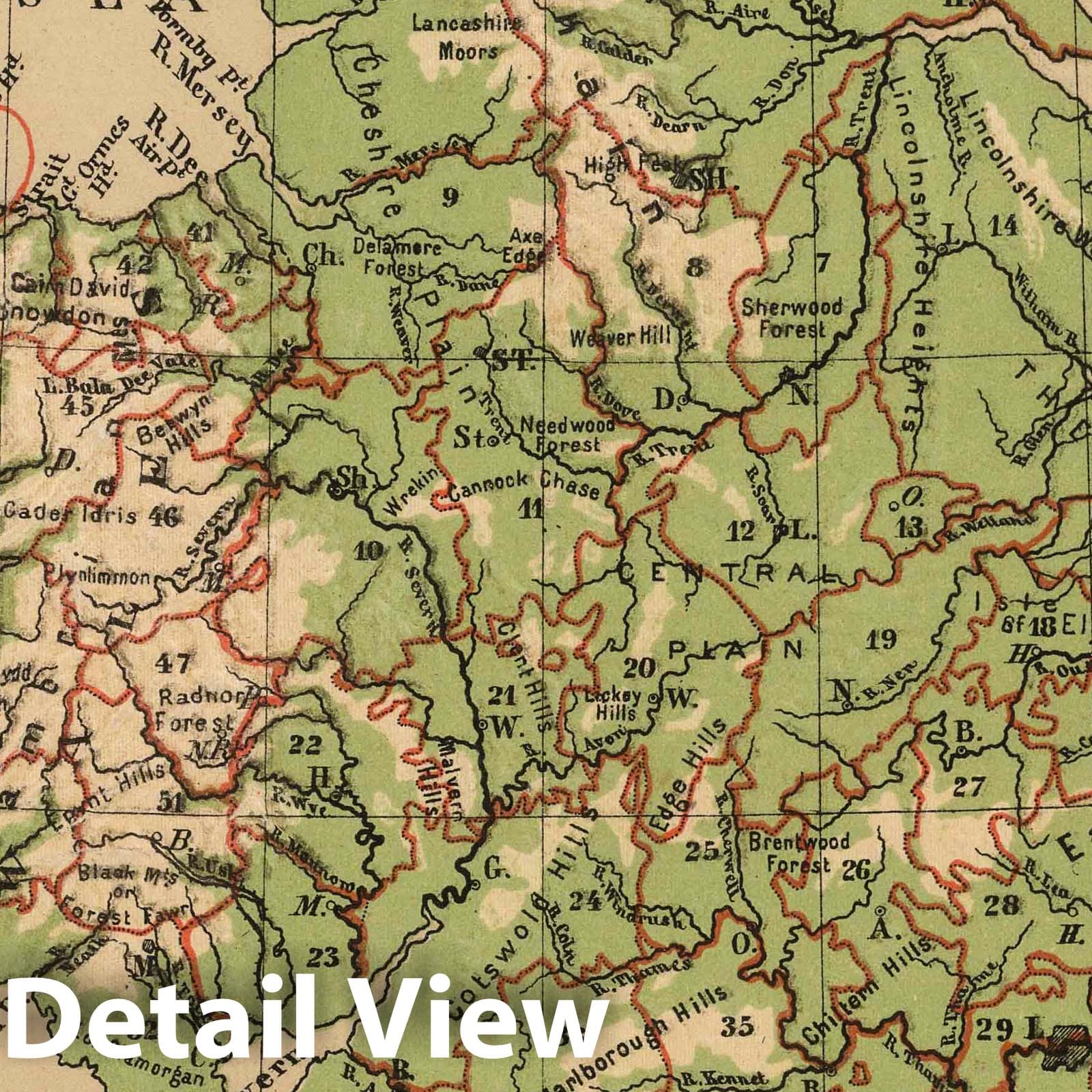 England and Wales - Physical Map, 1880 - Historical Map Print