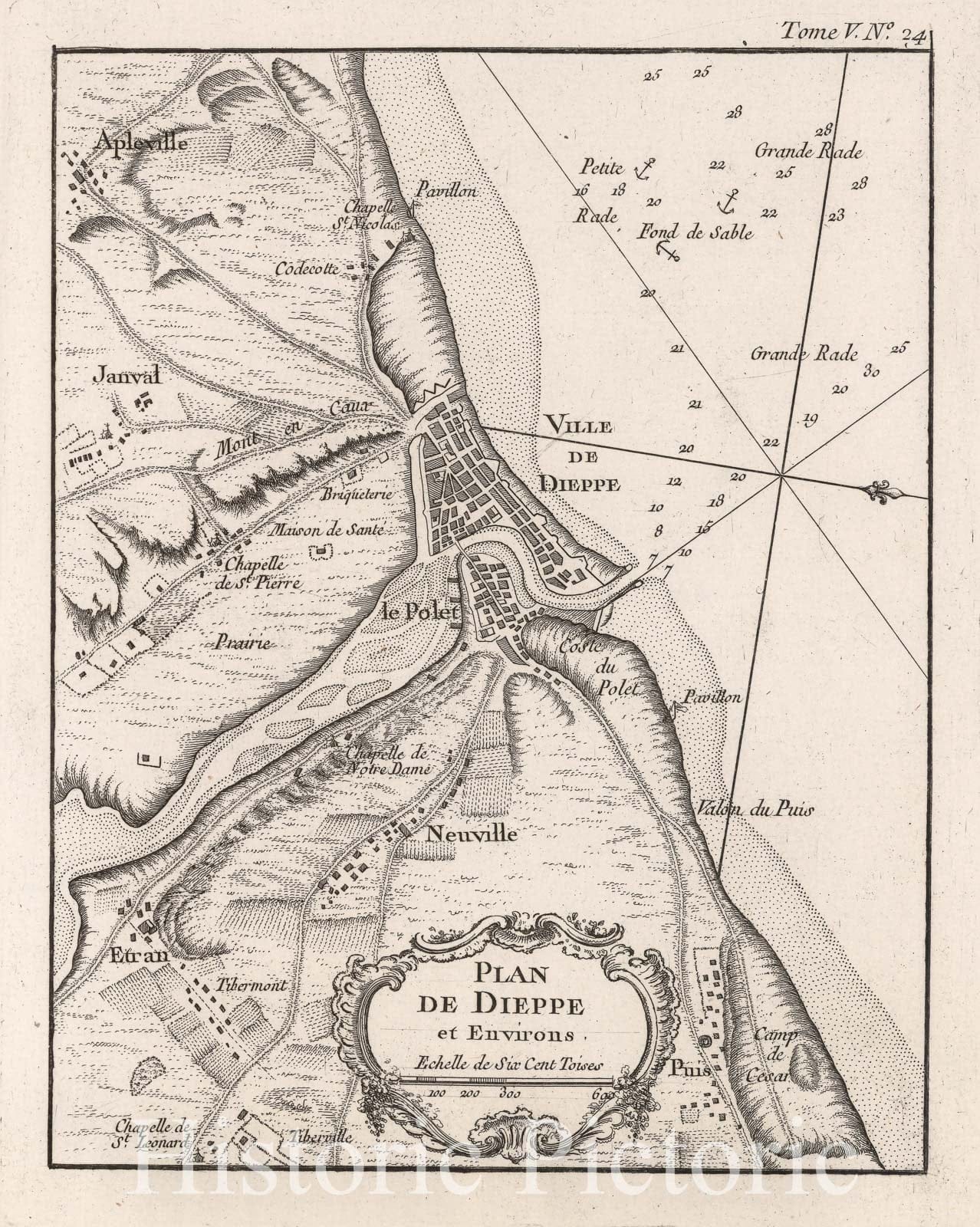 Historic Map : France , Dieppe France, 1764 Plan de Dieppe et environs. , Vintage Wall Art