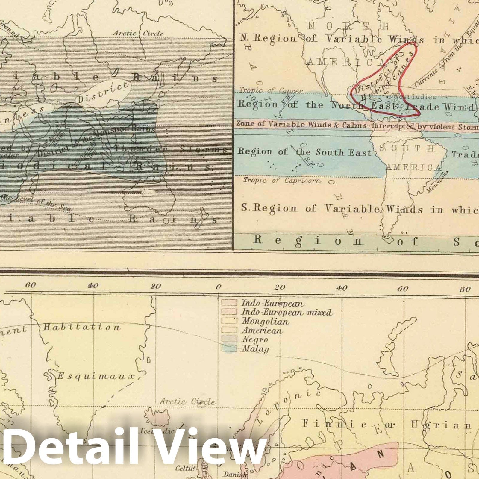 World - Physical Features, Ocean Currents, and Ethnographic Distribution, 1854 Historical Map Print