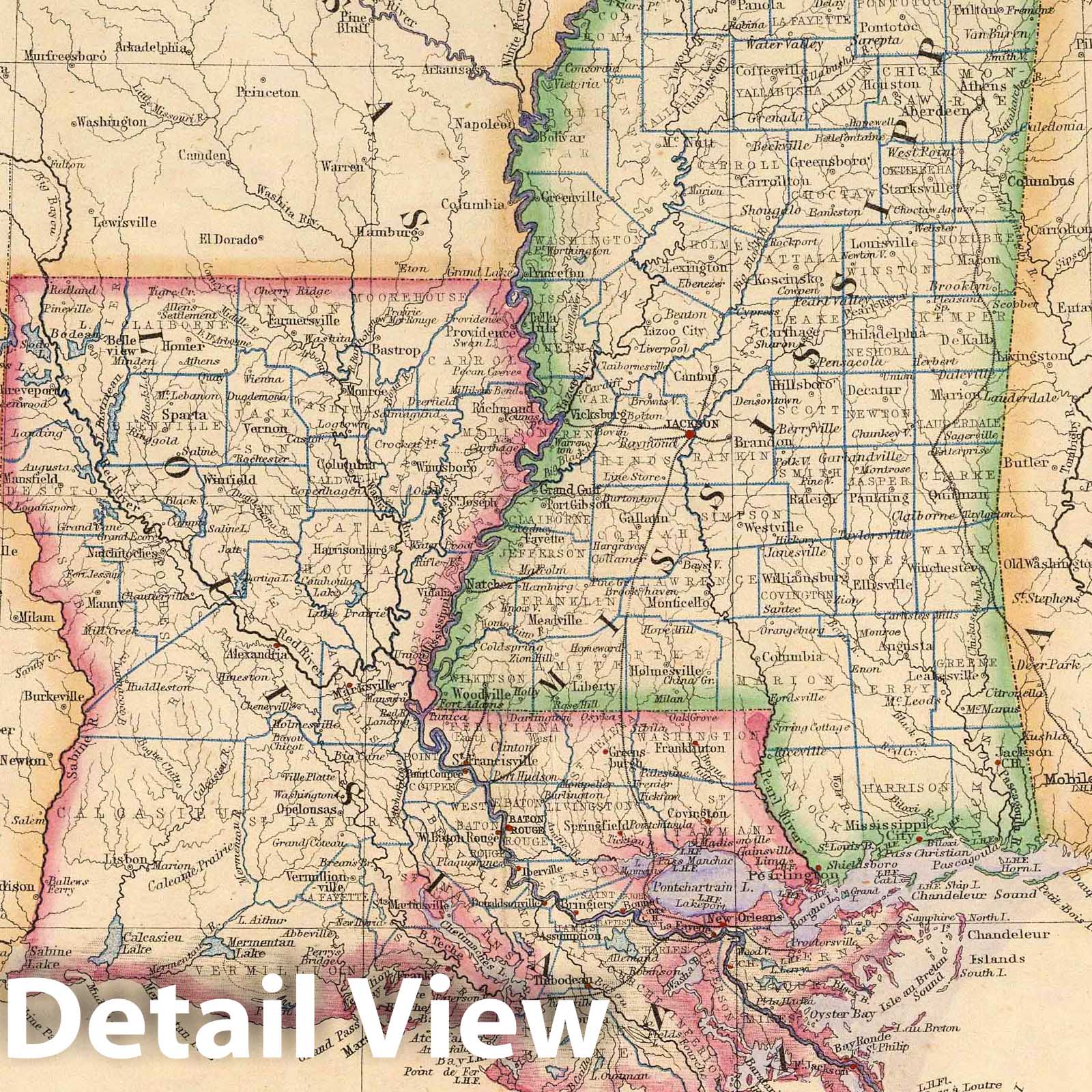 Mississippi and Louisiana - Railroad Map, 1857 - Historical Map Print