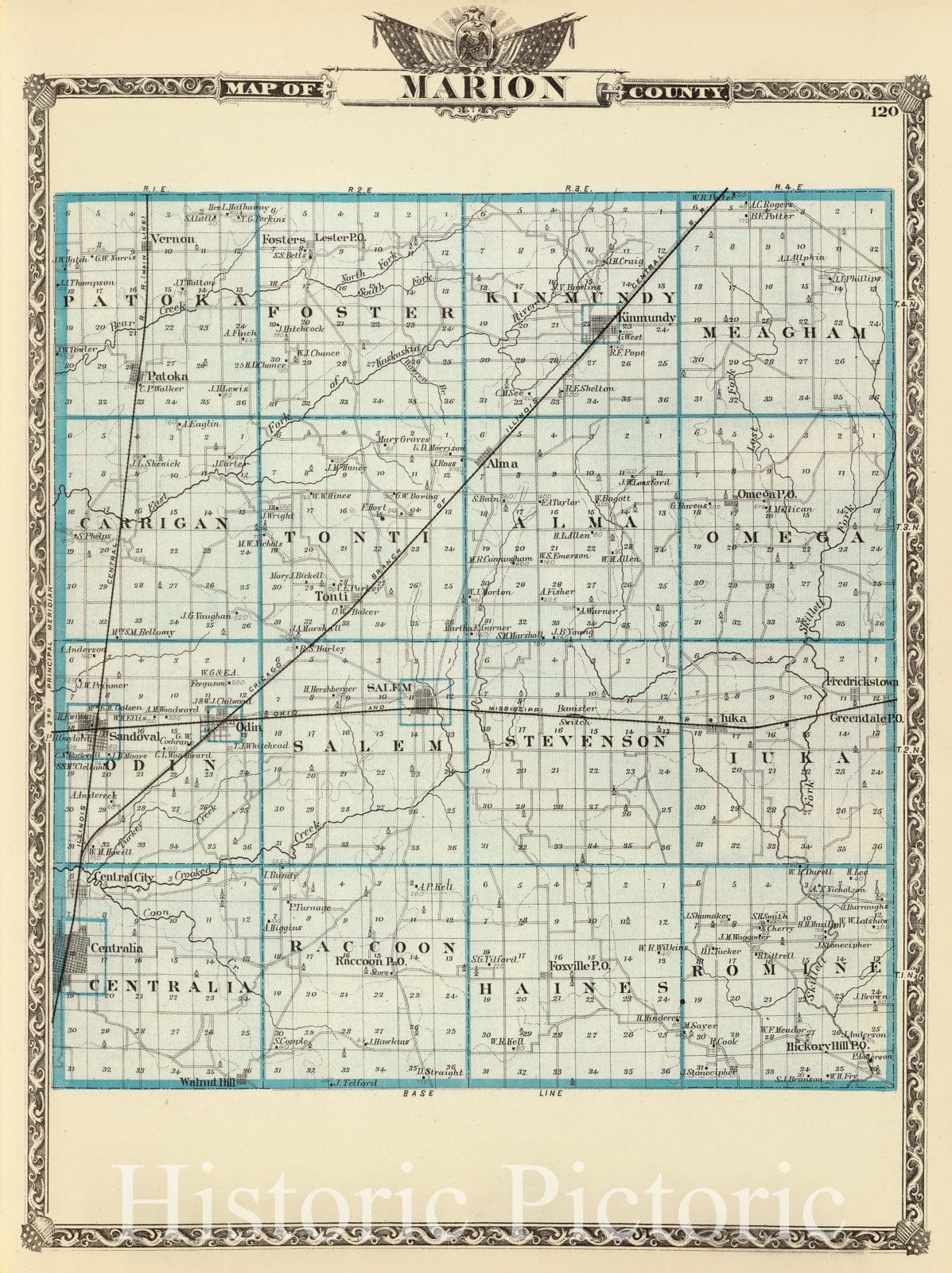 Marion County, Illinois - Railroad Map, 1876 - Historical Map Print