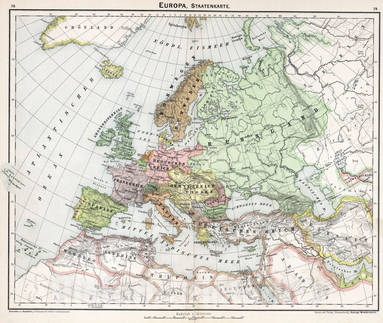 Historic Map : School Atlas - 1896 Europa, Staatenkarte - Vintage Wall Art