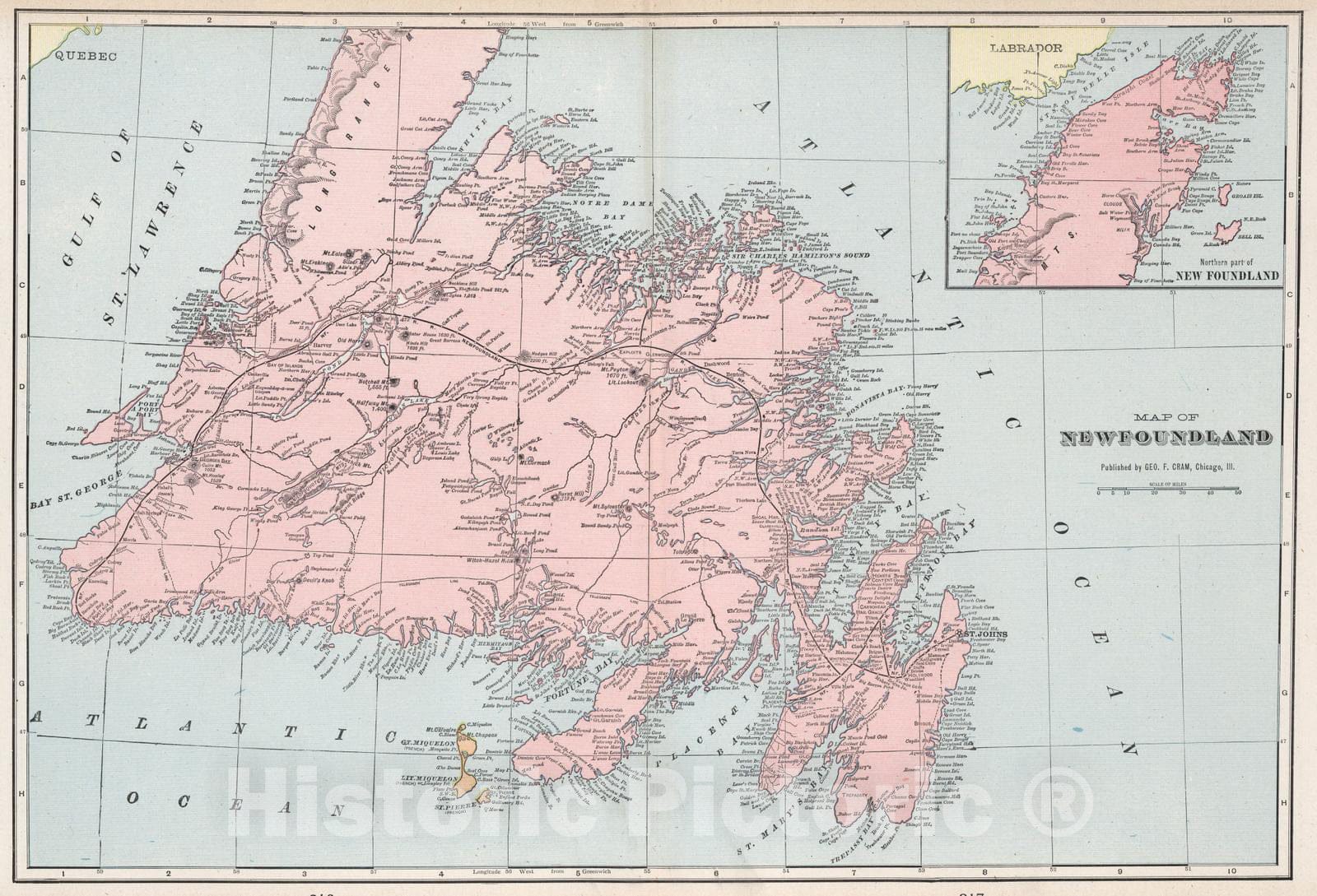 Historic Map : 1901 Map of Newfoundland - Vintage Wall Art