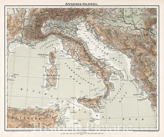 Apennine Peninsula, Italy 1896 - Historical Map Print