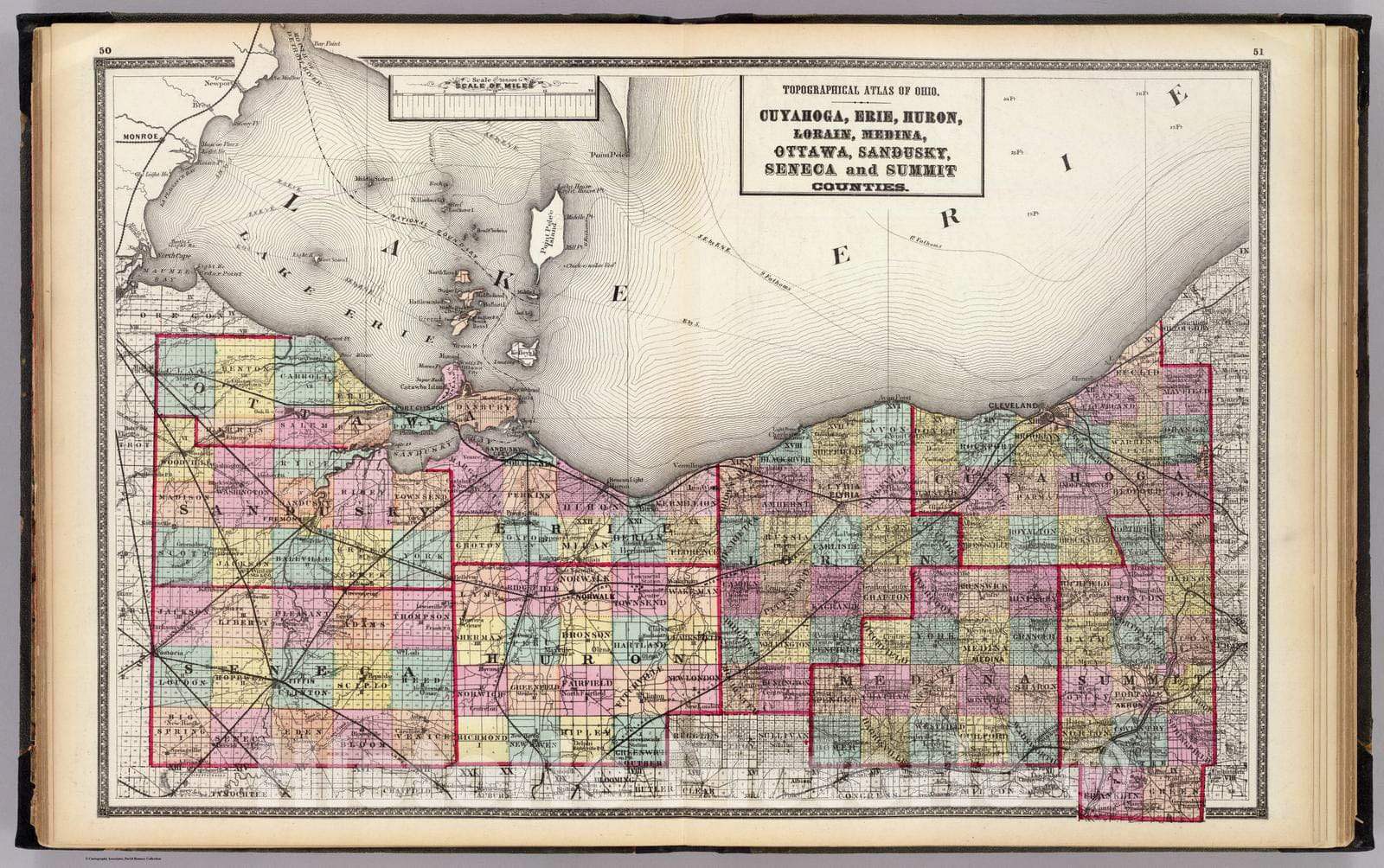 1872 Ohio Counties Topographic Map - Cuyahoga, Erie, Huron, Lorain, Medina, Ottawa, Sandusky, Seneca, Summit