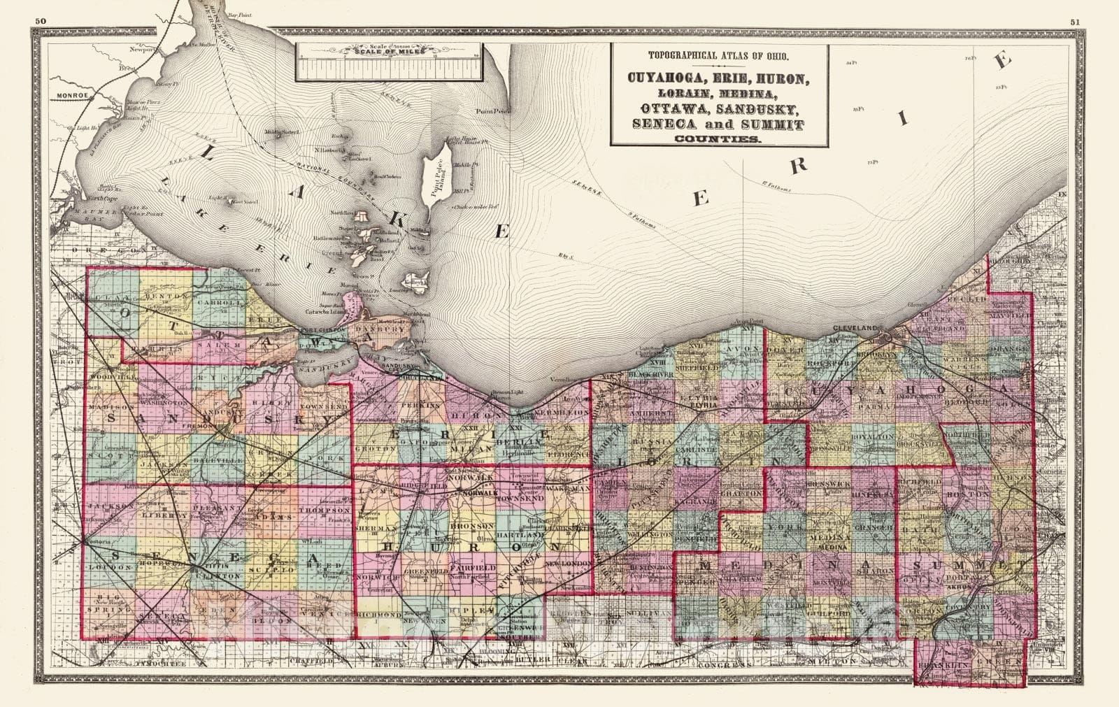 Historic Map - 1872 Cuyahoga, Erie, Huron, Lorain, Medina, Ottawa, Sandusky, Seneca, and Summit counties. - Vintage Wall Art