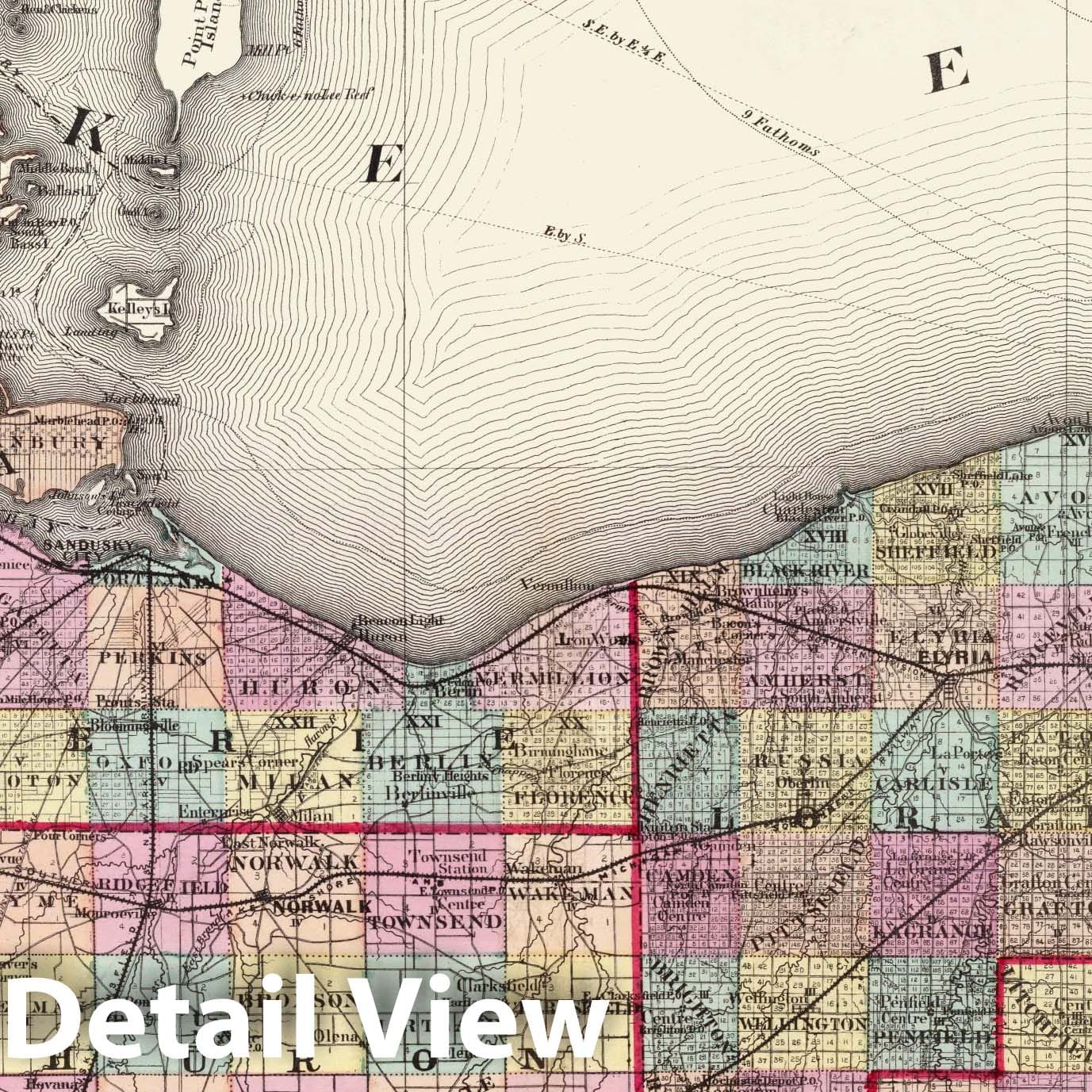 1872 Ohio Counties Topographic Map - Cuyahoga, Erie, Huron, Lorain, Medina, Ottawa, Sandusky, Seneca, Summit