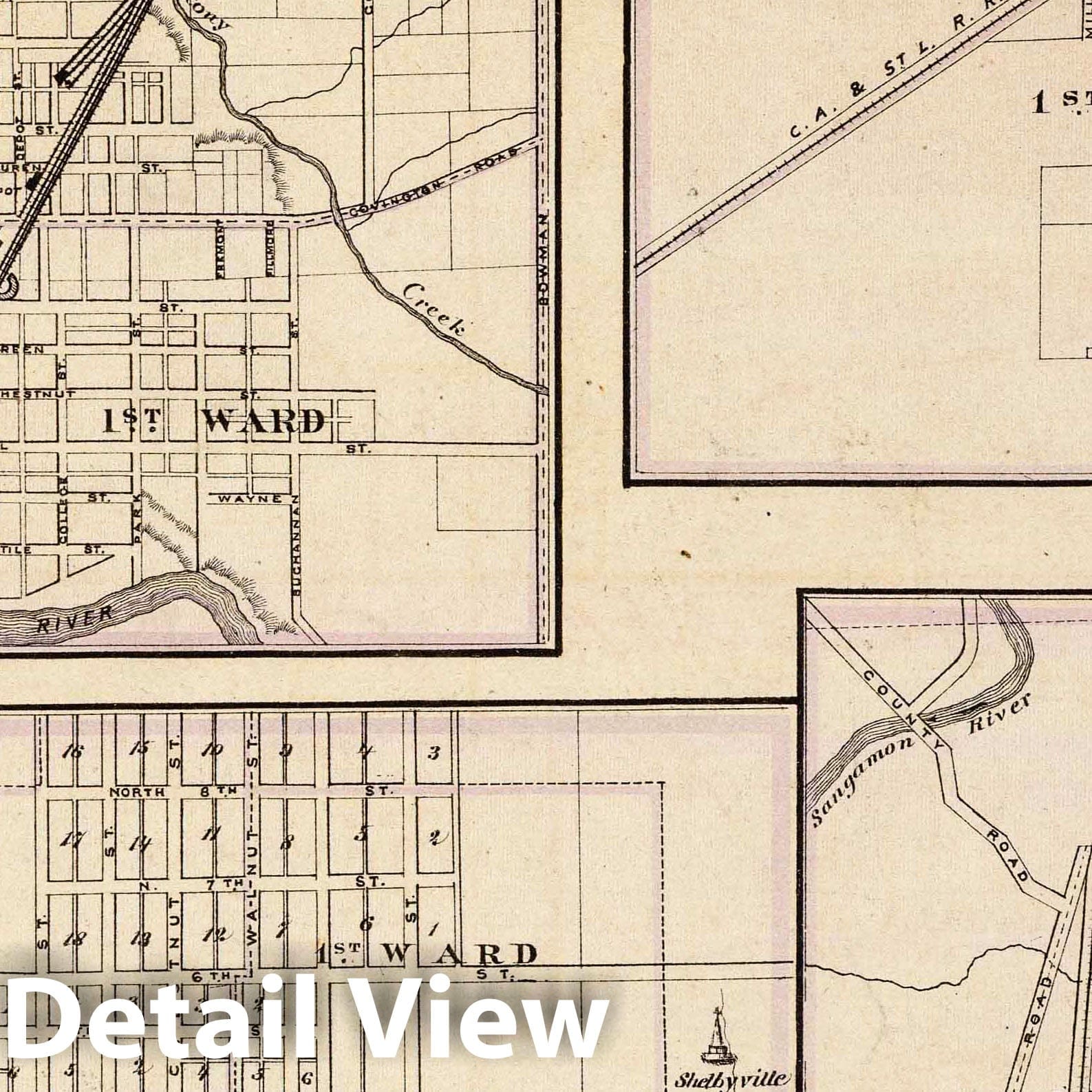 Danville, Shelbyville, Atlanta, and Monticello, Illinois 1876 Historical Map Print