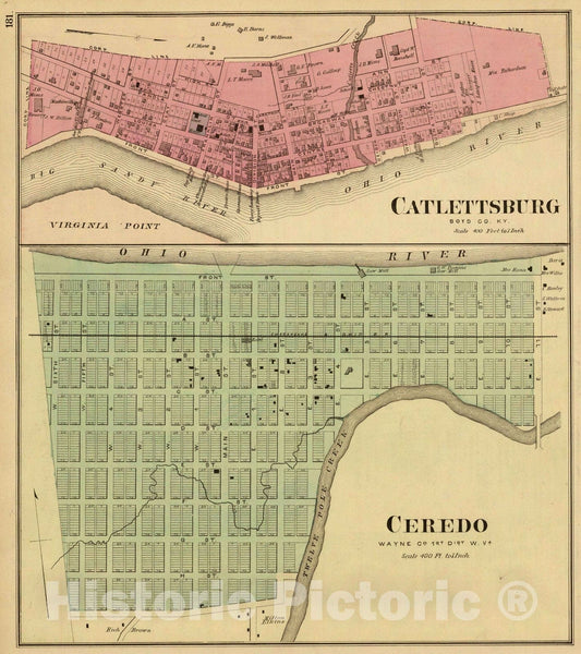 Historic Map : 1877 Ceredo, Wayne Co, 1st Dist, W. Va. (with) Catlettsburg, Boyd Co, Ky. - Vintage Wall Art