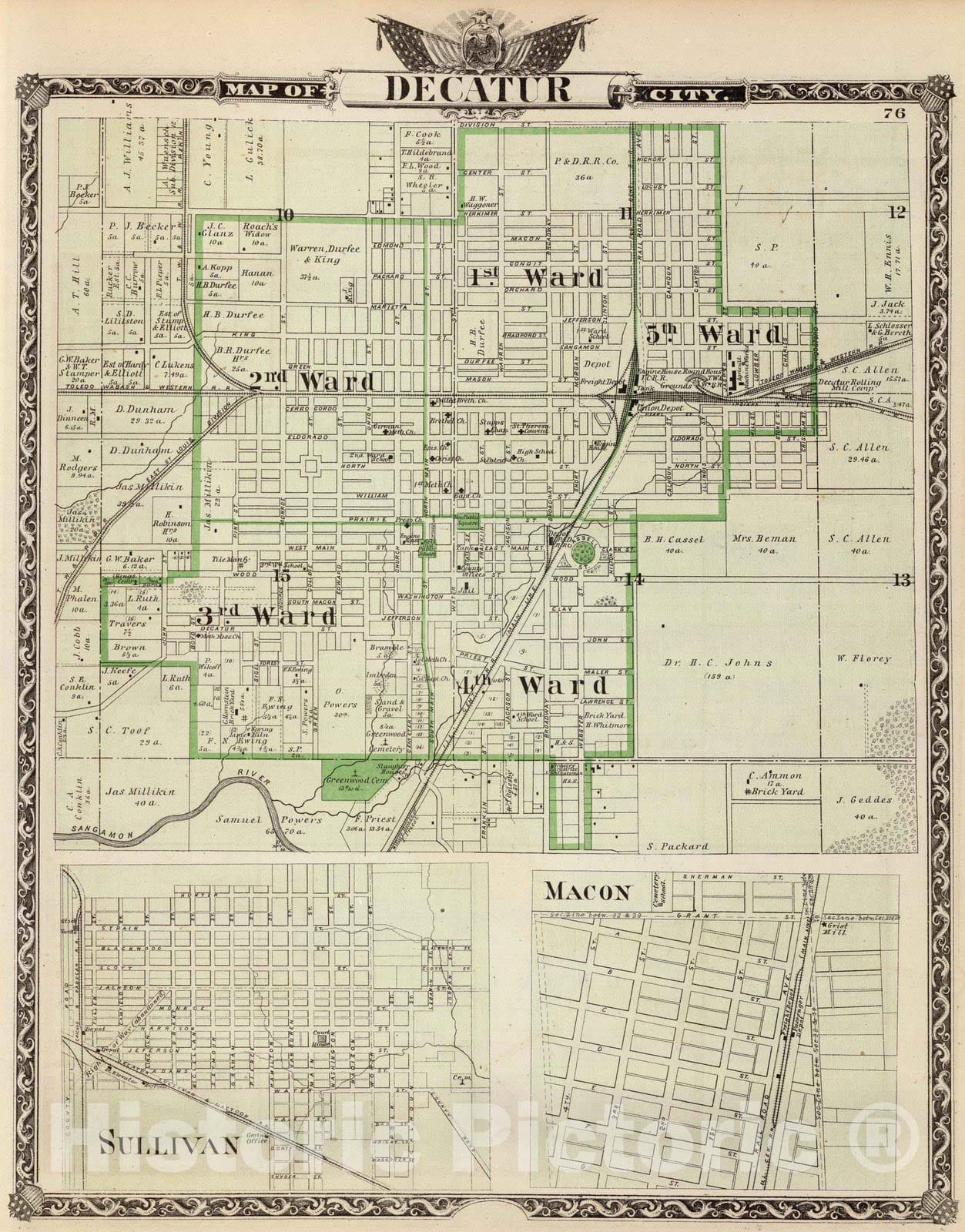 Historic Map : 1876 Map of Decatur City, and Sullivan and Macon. - Vintage Wall Art