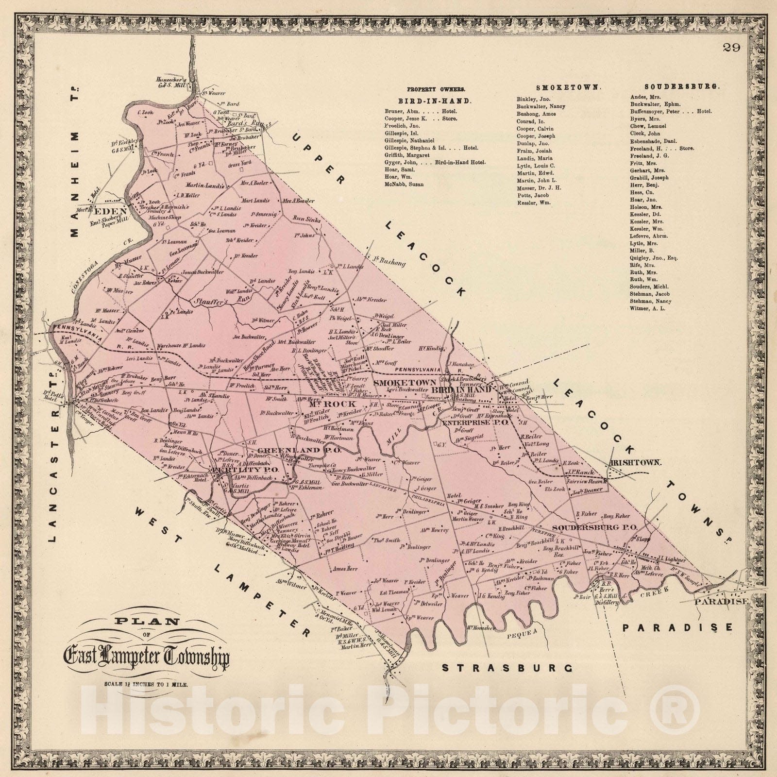 Historic Map : 1864 East Lampeter Township, Lancaster County, Pennsylvania. - Vintage Wall Art