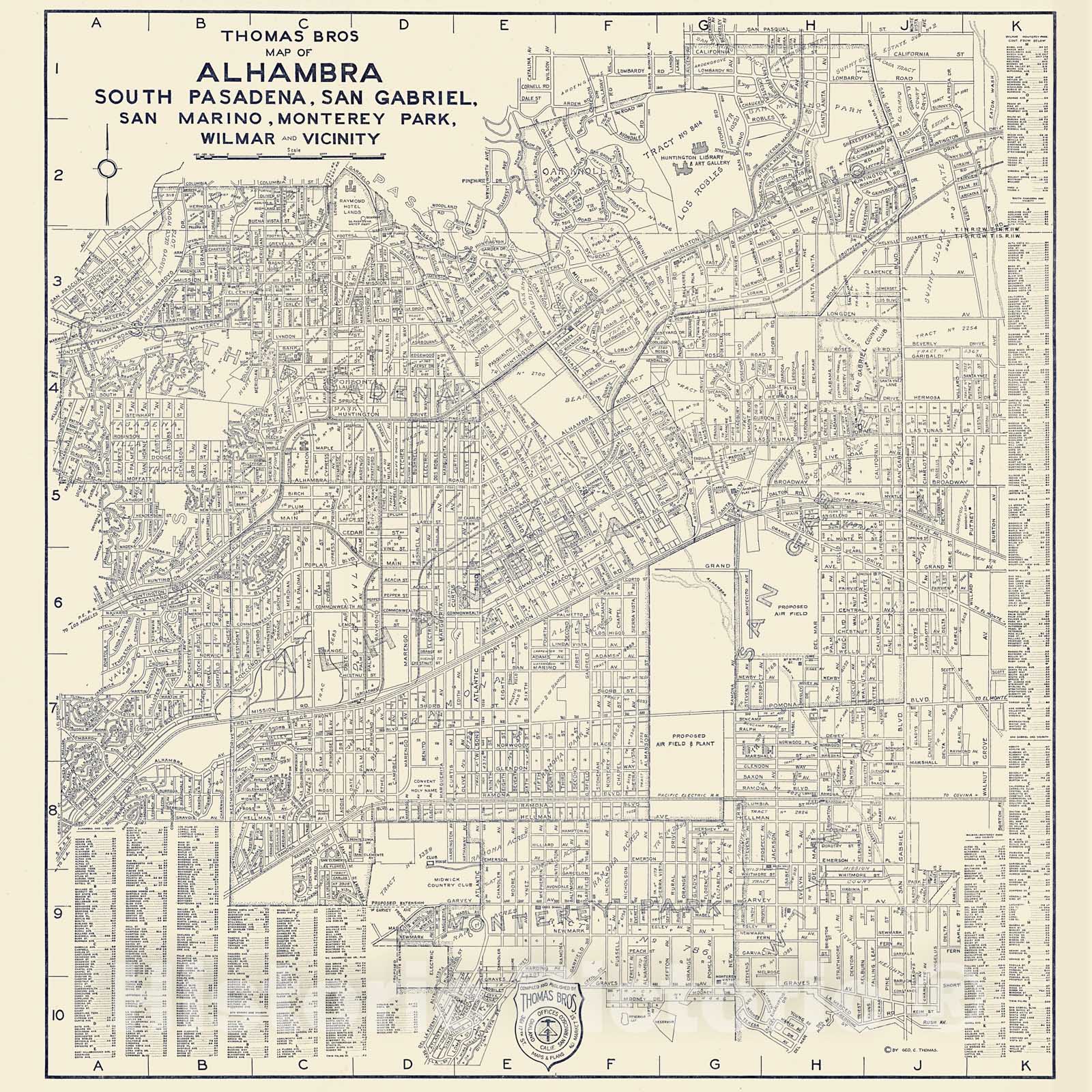 Historic Wall Map : 1938 Thomas Bros. Map of Alhambra, South Pasadena, San Gabriel, San Marino, Monterey Park, Wilmar - Vicinity, California. - Vintage Wall Art