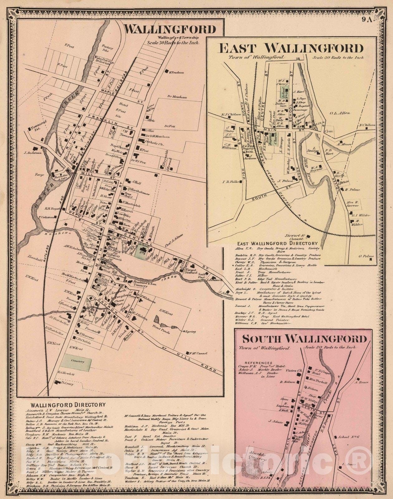 Historic Map : 1869 Wallingford, Rutland County, Vermont. East Wallingford. South Wallingford. - Vintage Wall Art
