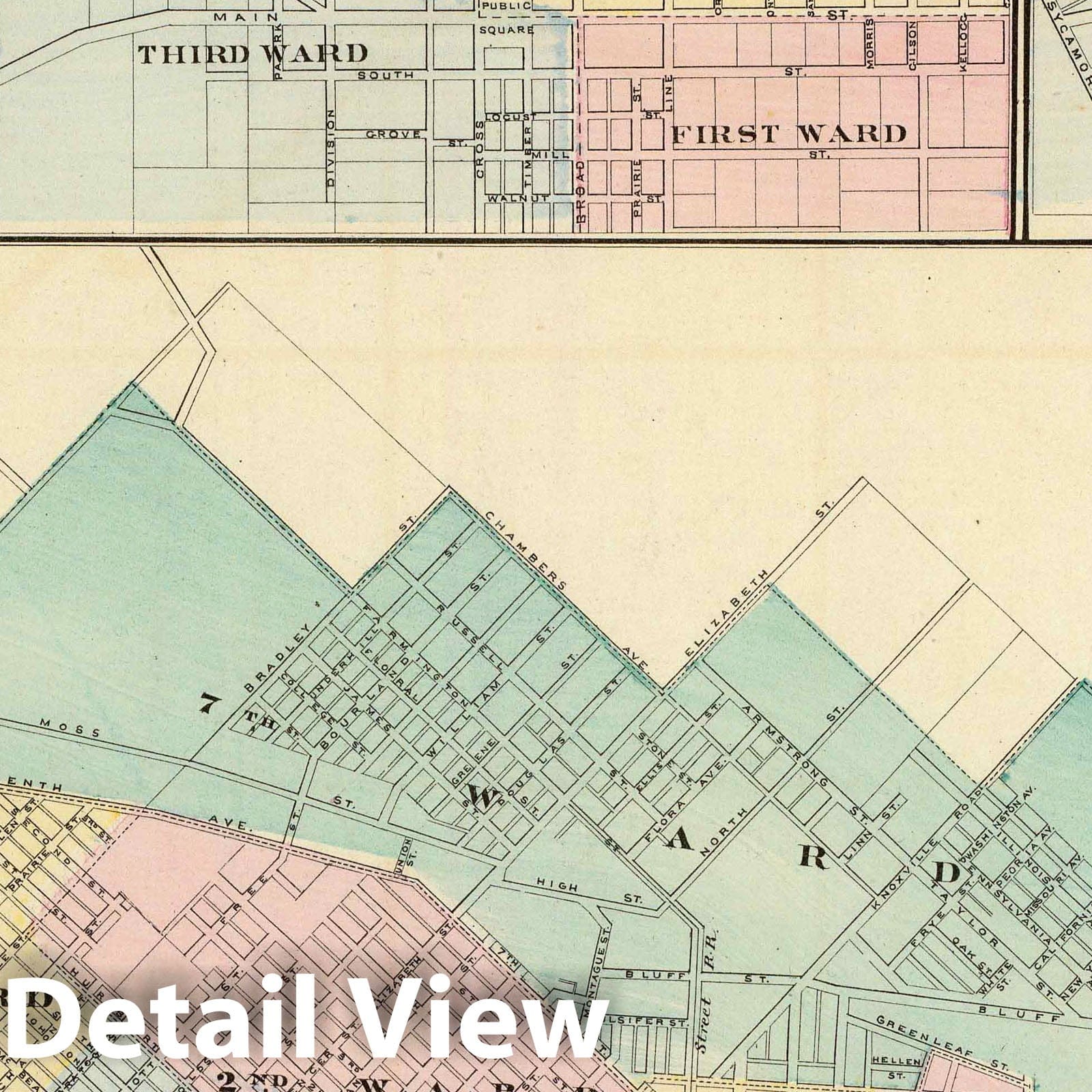 Peoria, Oneida, Knoxville, Dallas, Illinois 1876 Historical City Plan Map