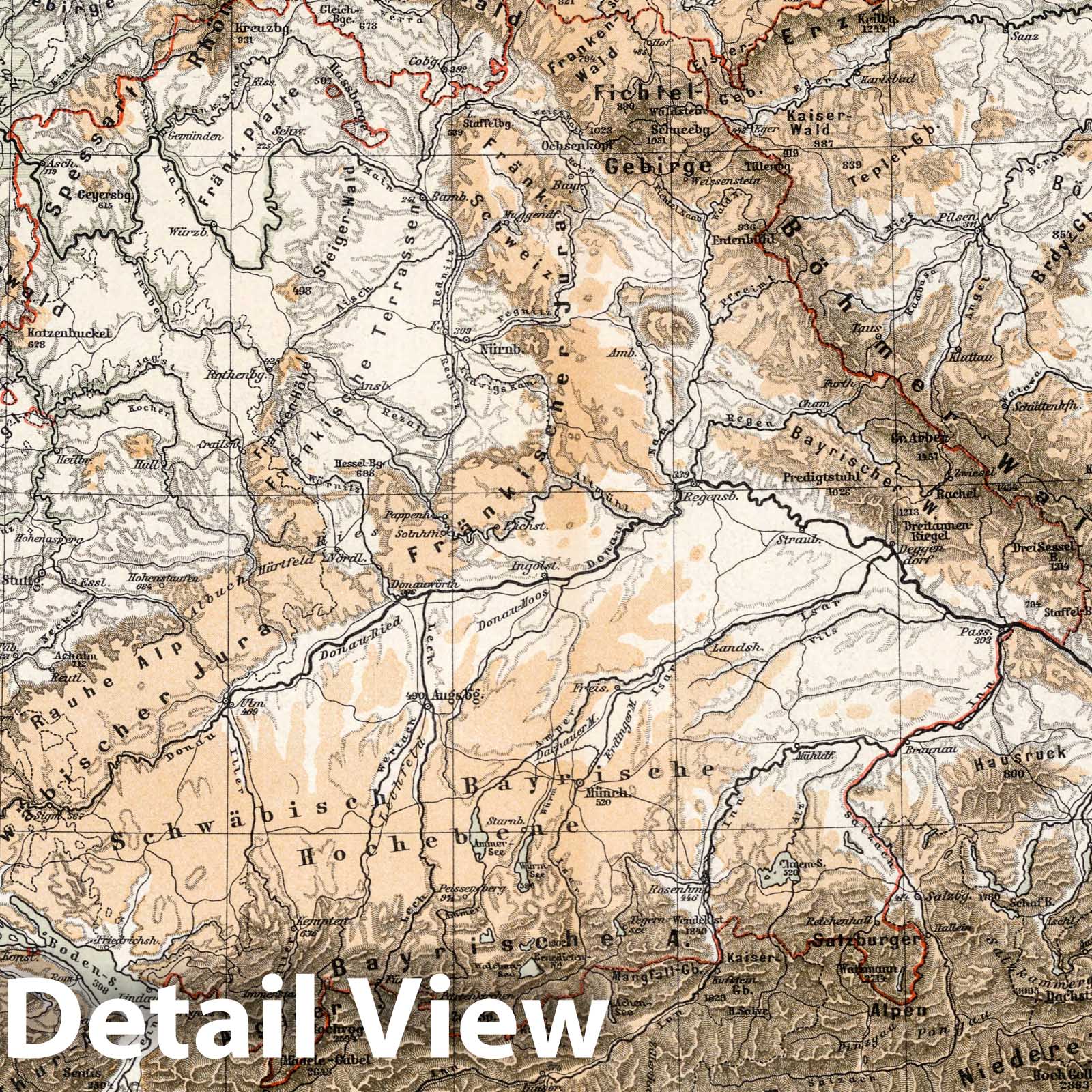 Southern Germany, 1896 - Historical Topographic Map Print