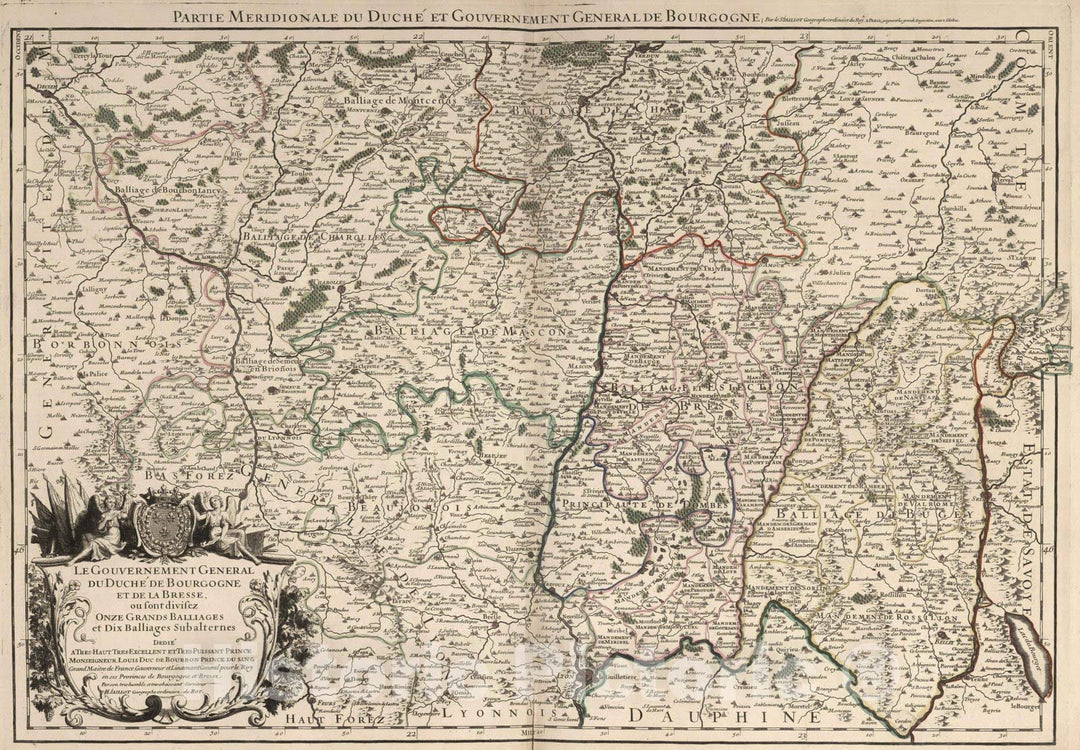 Historic Map : Bourgogne , France 1695 Le Gouvernement General du Duche de Bourgogne et de la Bresse (southern sheet). , Vintage Wall Art