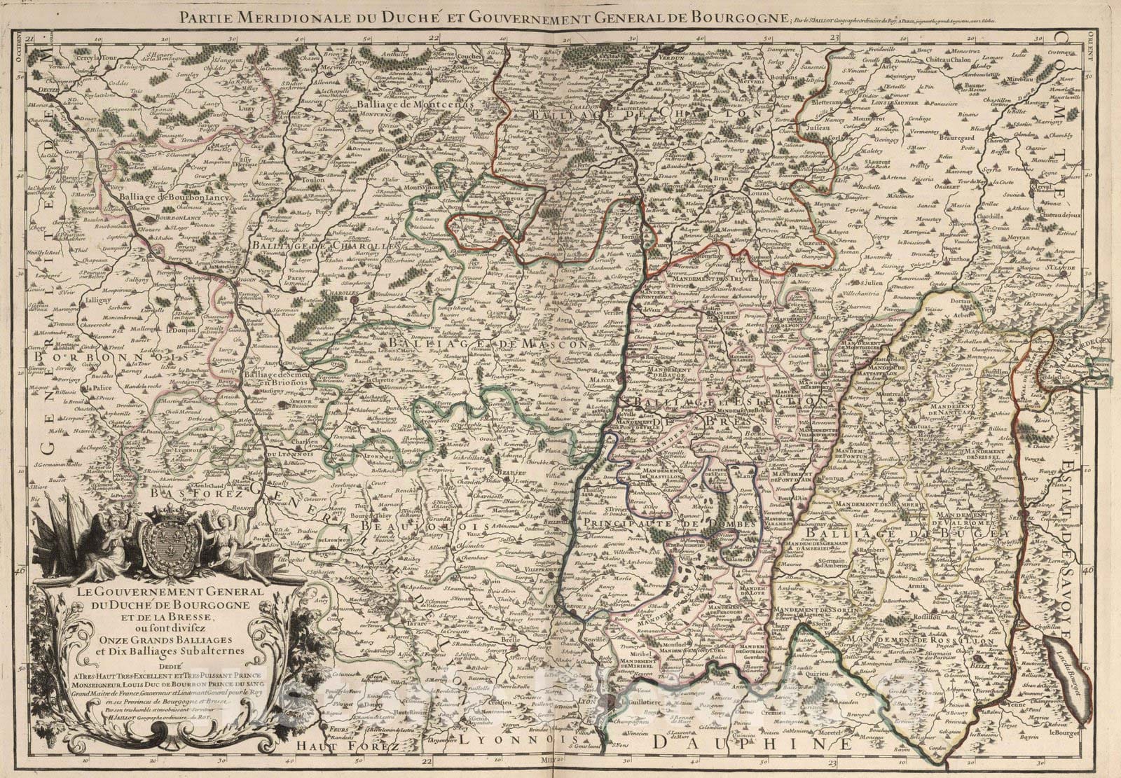 Historic Map : Bourgogne , France 1695 Le Gouvernement General du Duche de Bourgogne et de la Bresse (southern sheet). , Vintage Wall Art