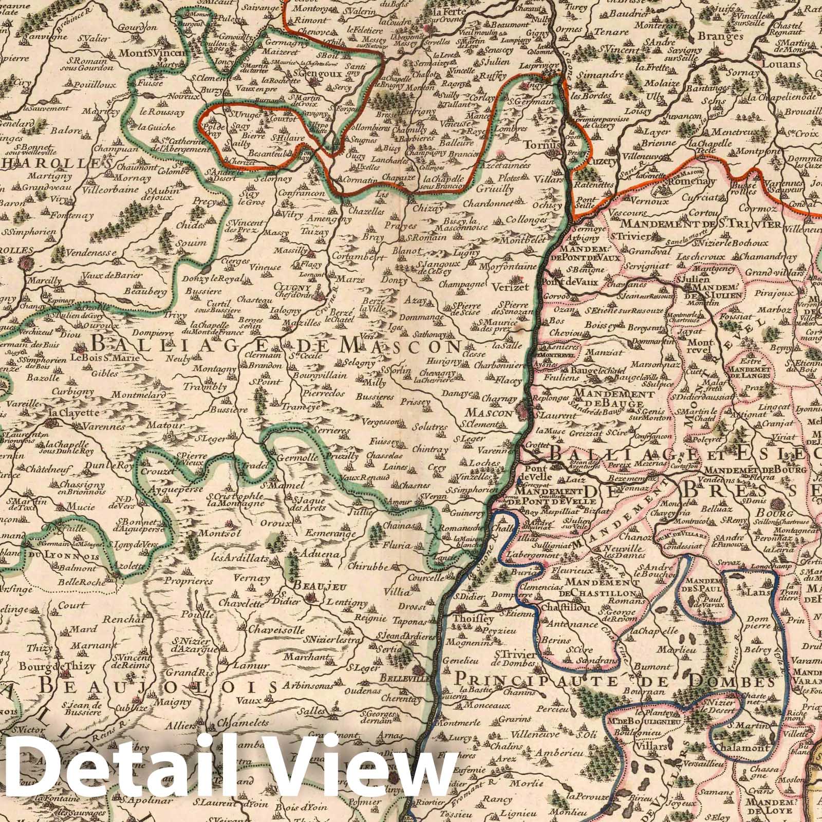 Historic Map : Bourgogne , France 1695 Le Gouvernement General du Duche de Bourgogne et de la Bresse (southern sheet). , Vintage Wall Art