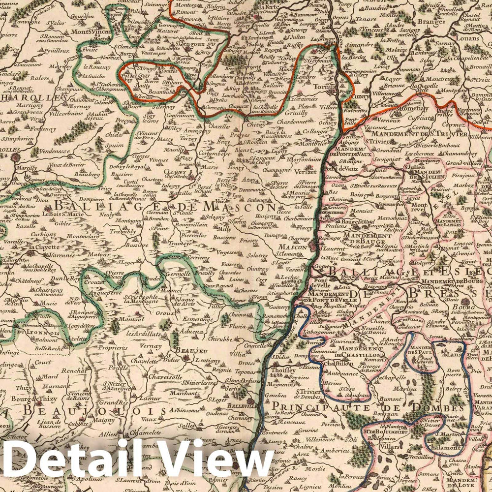 Historic Map : Bourgogne , France 1695 Le Gouvernement General du Duche de Bourgogne et de la Bresse (southern sheet). , Vintage Wall Art