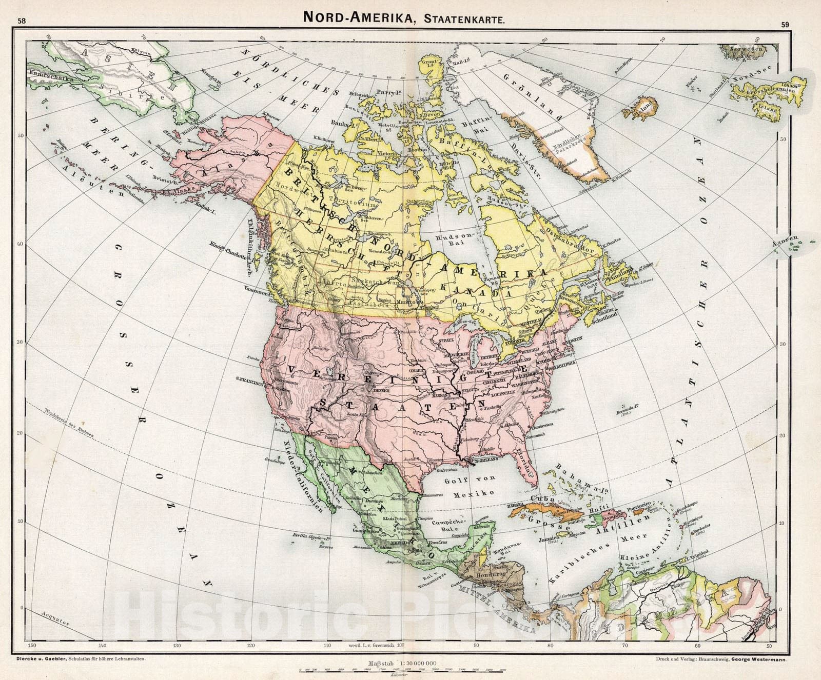 Historic Map : School Atlas - 1896 Nord-Amerika, staatenkarte. - Vintage Wall Art