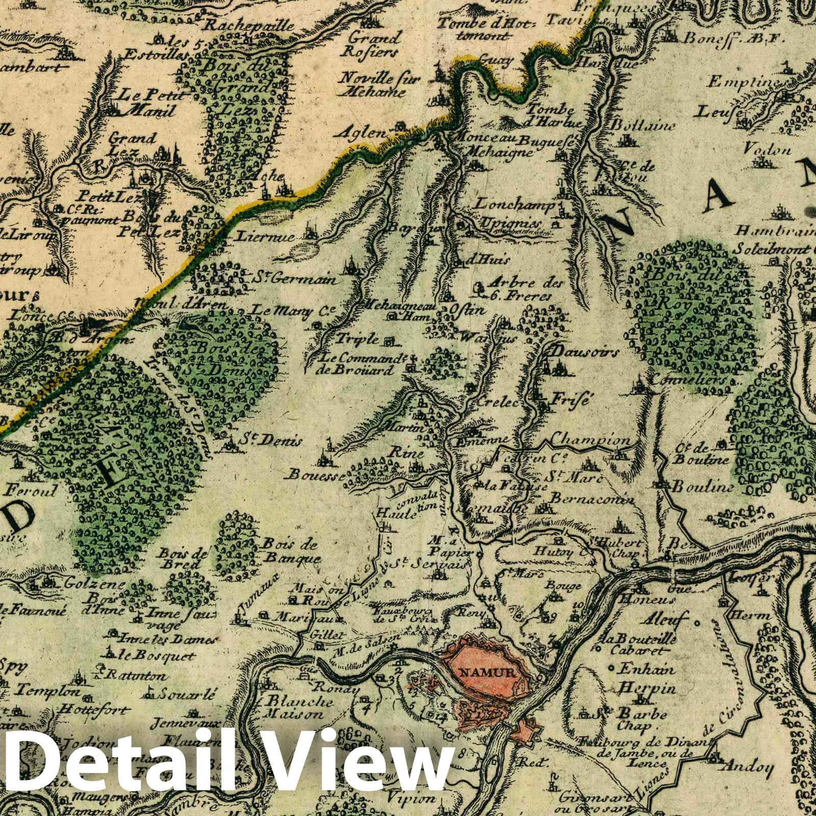 Environs of Namur, Huy, and Charleroi, Belgium 1705 Historical Map Print