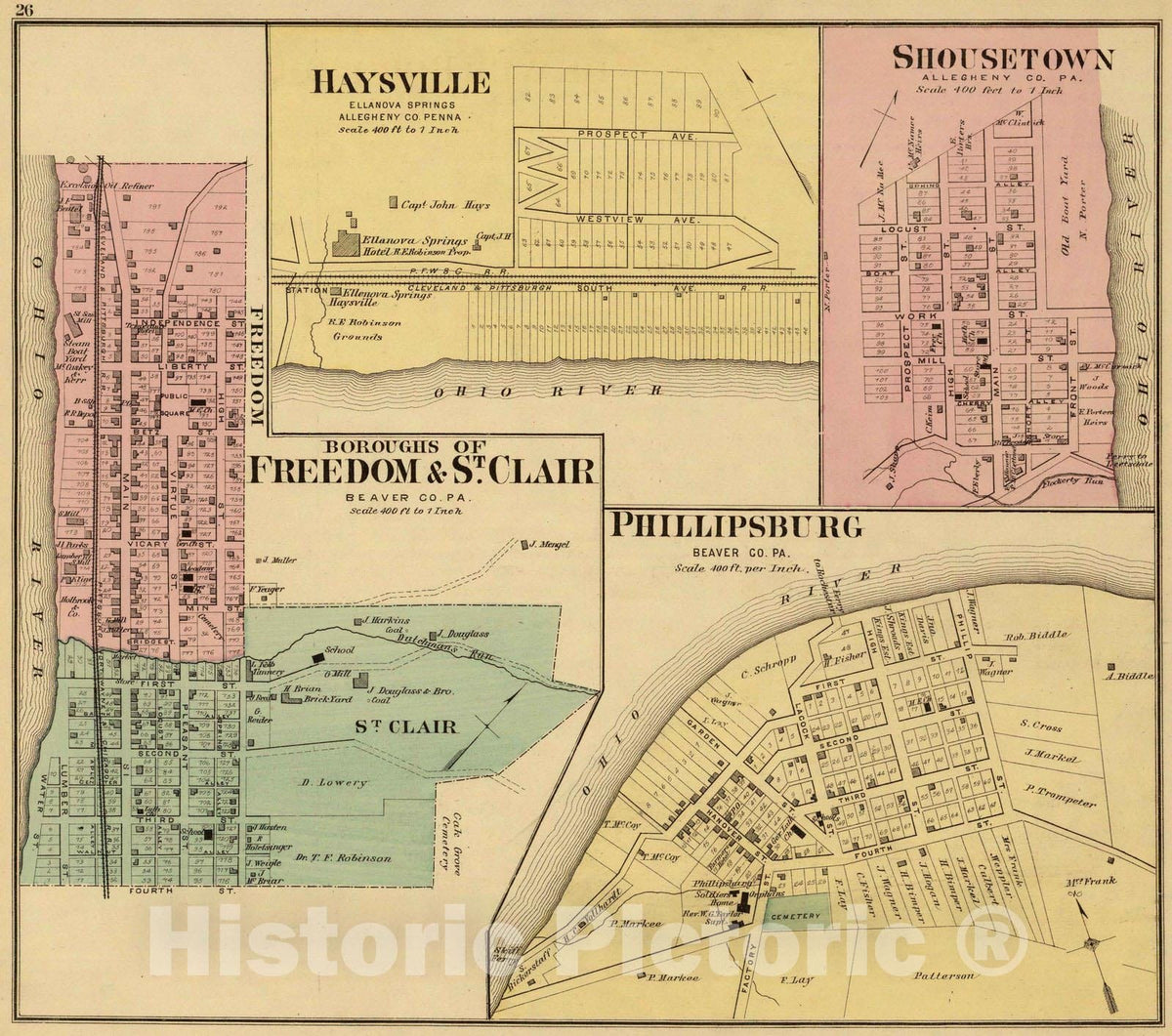 Historic Map : 1877 Boroughs of Freedom & St. Clair. (with) Philippsburg, Haysville, Ellanova Springs, Shousetown. - Vintage Wall Art