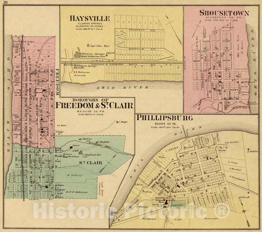 Historic Map : 1877 Boroughs of Freedom & St. Clair. (with) Philippsburg, Haysville, Ellanova Springs, Shousetown. - Vintage Wall Art