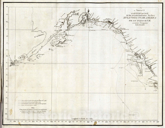 Historic Map : Alaska, 1802 Continuacion de los reconocimientos hechos En La Costa No. De America. , Vintage Wall Art