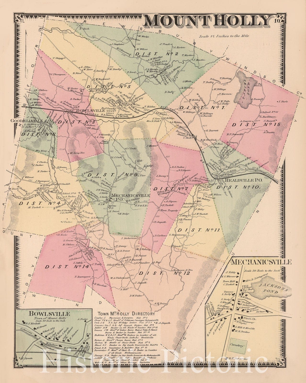 Mount Holly - Property Map, 1869 - Rutland County Vermont Historical Map Print