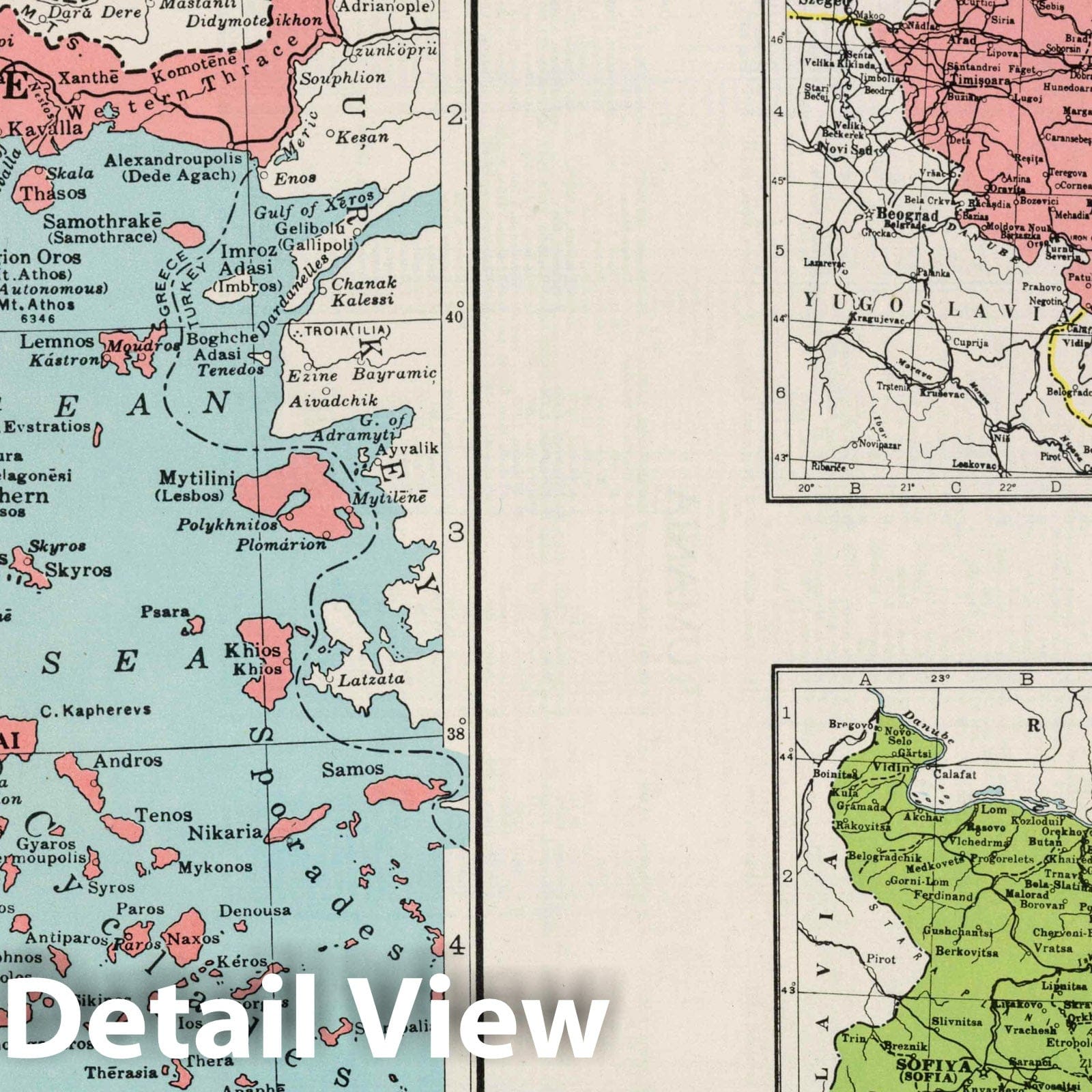 Greece and Albania; Romania; Bulgaria - Physical Map, 1948 - Historical Map Print