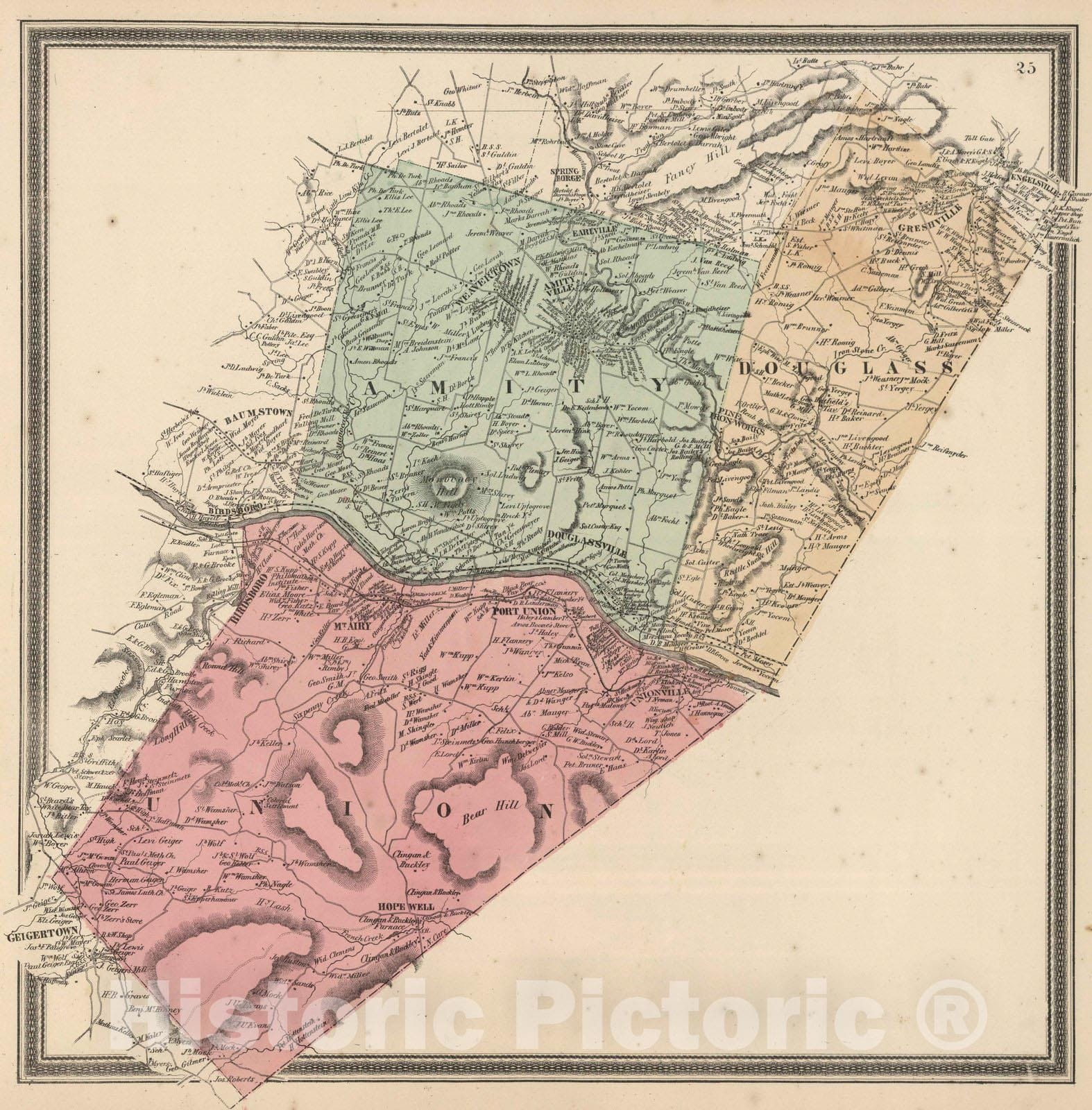 Historic Map : 1862 Amity, Douglass, and Union Townships, Becks County, Pennsylvania. - Vintage Wall Art